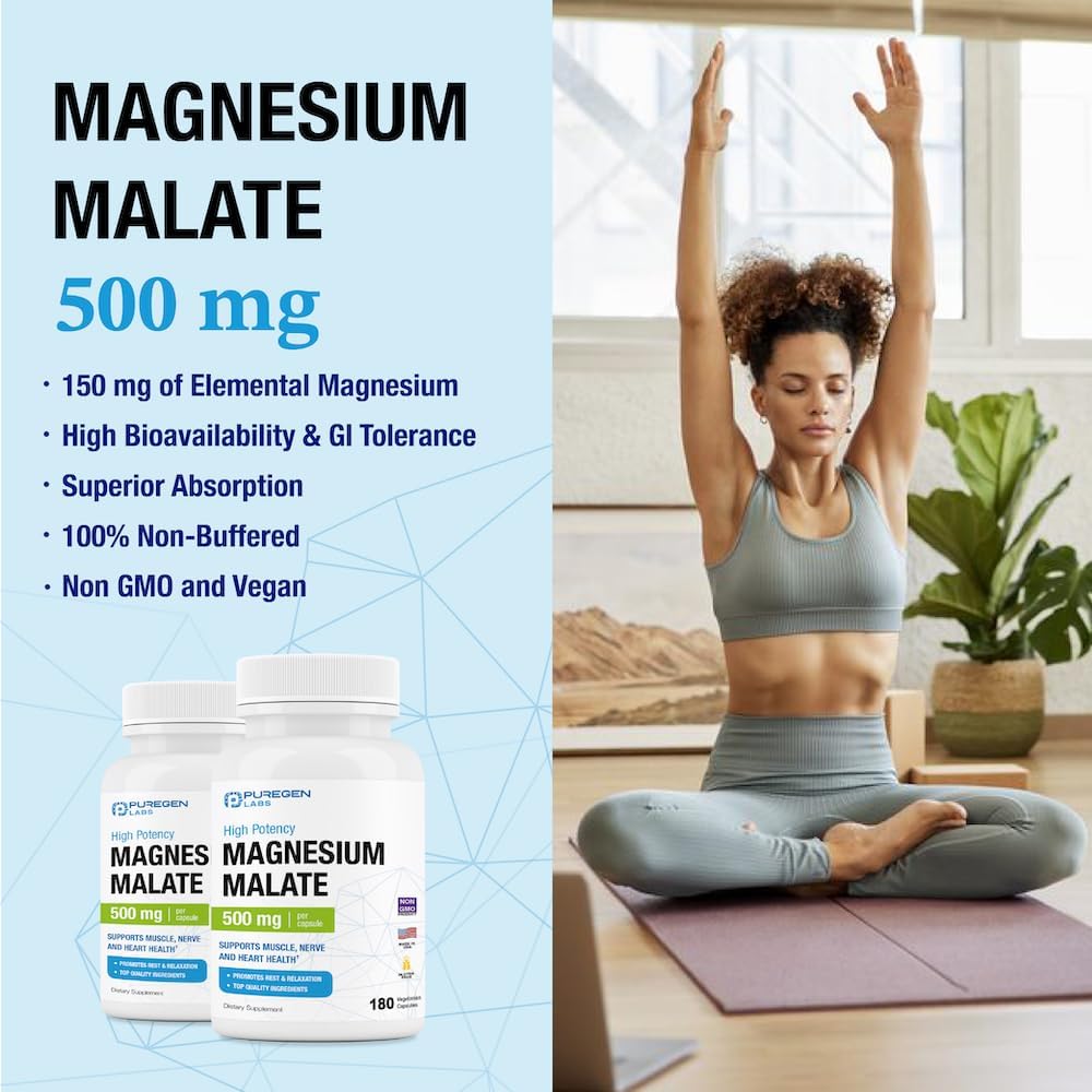 Puregen Labs Magnesium Malate 500mg | High Potency Elemental Magnesium | 360 Veggie Caps - Supports Muscle, Joint, and Heart Health