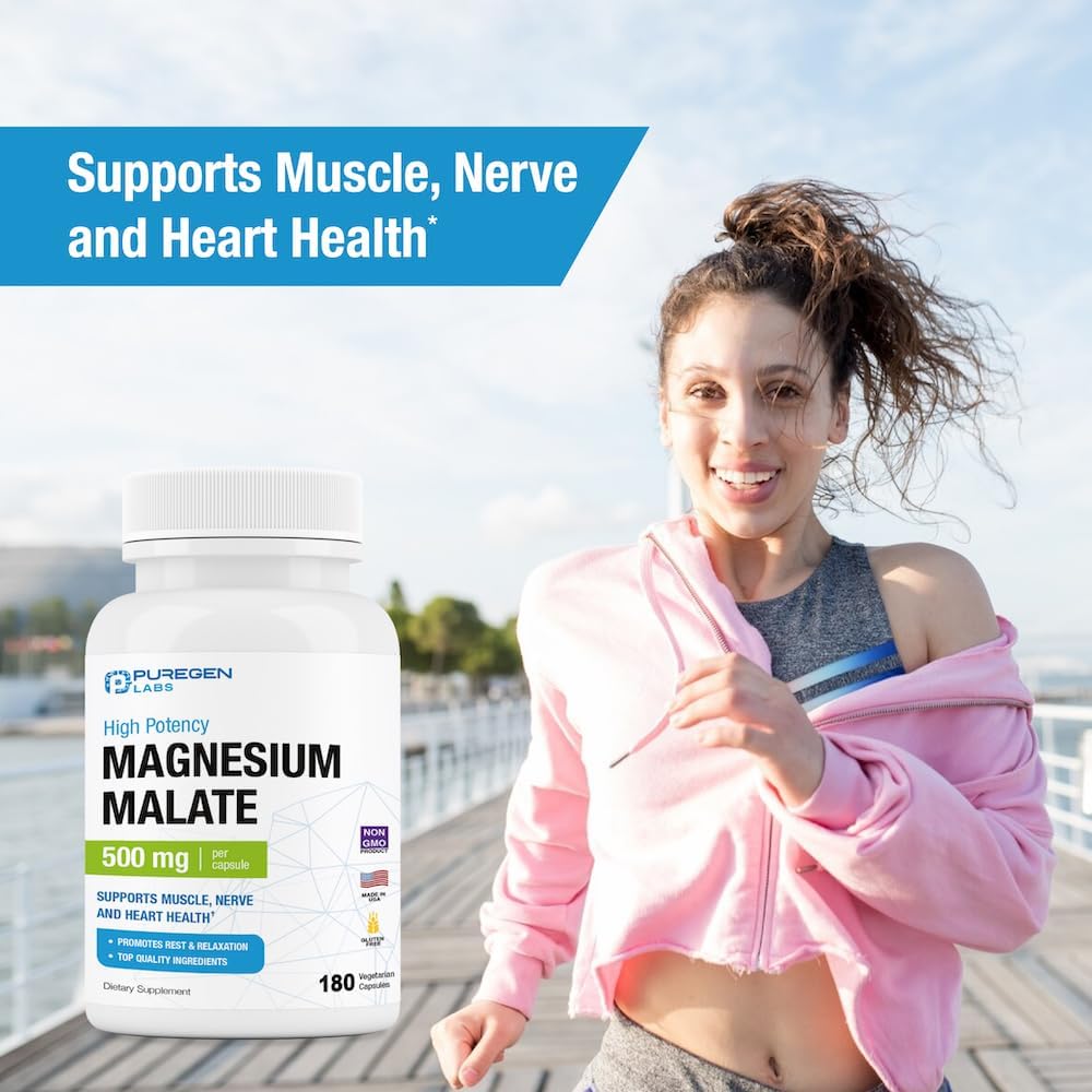 Puregen Labs Magnesium Malate 500mg | High Potency Elemental Magnesium | 360 Veggie Caps - Supports Muscle, Joint, and Heart Health