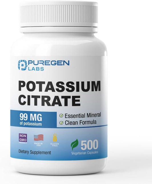 Puregen Labs Potassium Citrate 99mg Supplement - 500 Vegetarian Capsules | Elemental Potassium | Non-GMO & Gluten Free | USA Made