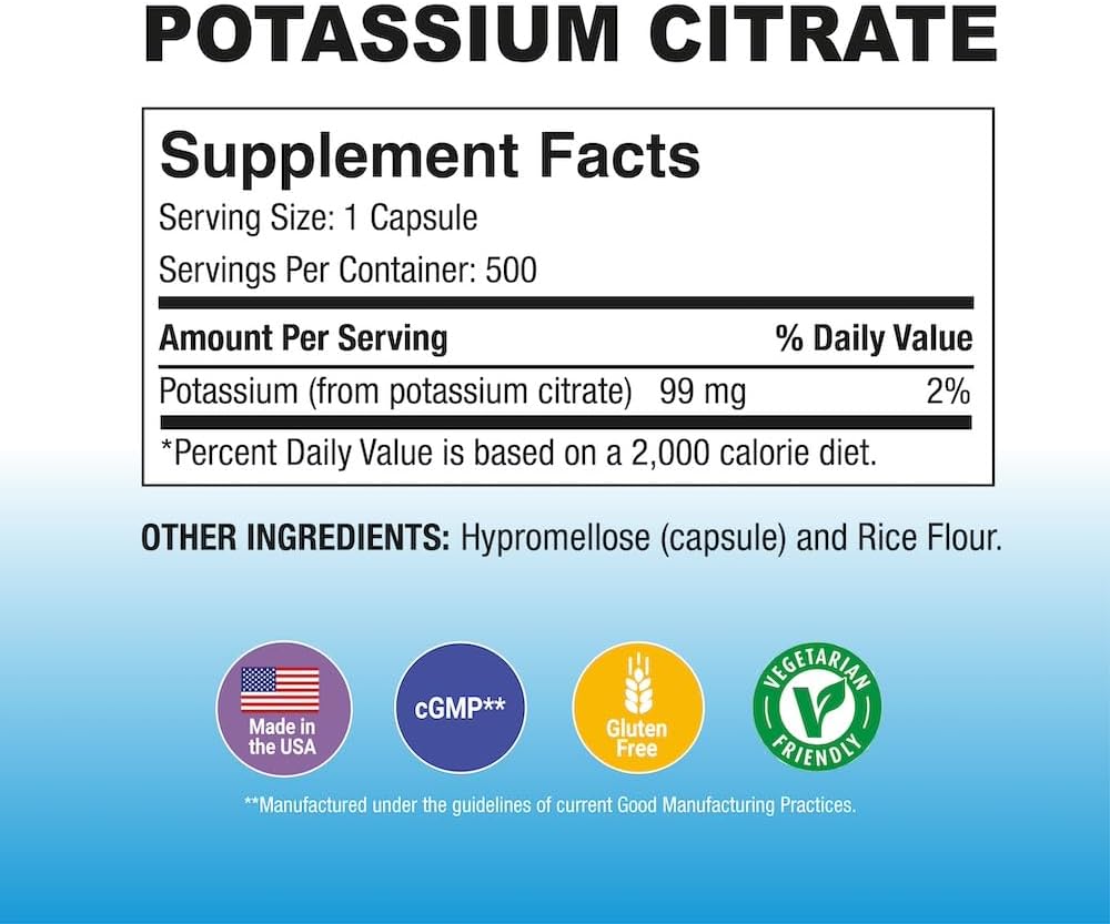 Puregen Labs Potassium Citrate 99mg Supplement - 500 Vegetarian Capsules | Elemental Potassium | Non-GMO & Gluten Free | USA Made