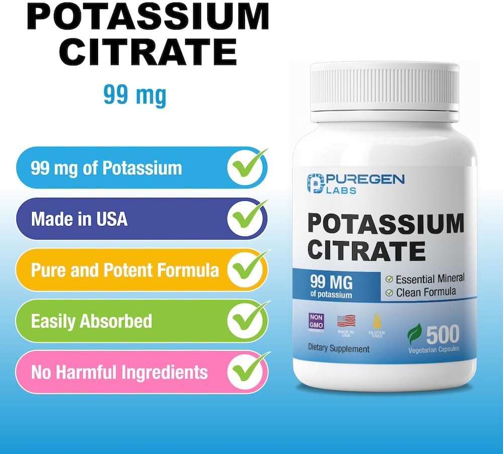 Puregen Labs Potassium Citrate 99mg Supplement - 500 Vegetarian Capsules | Elemental Potassium | Non-GMO & Gluten Free | USA Made
