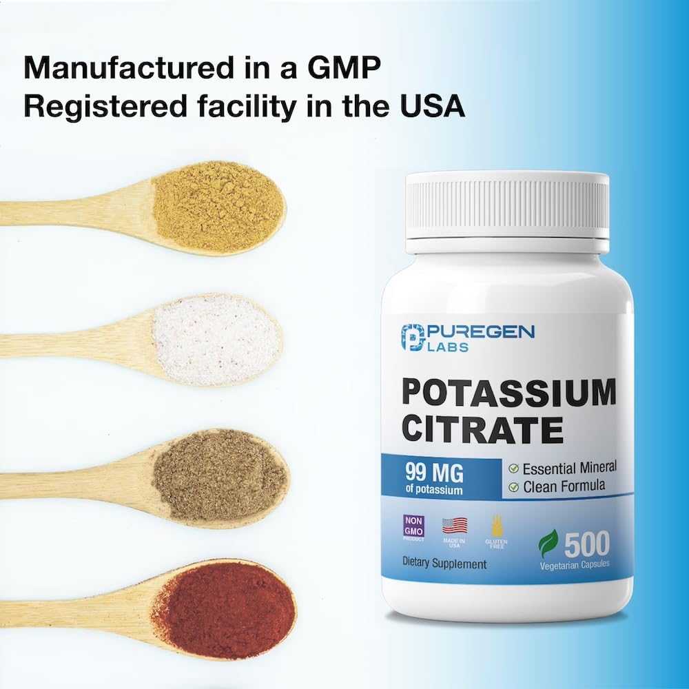 Puregen Labs Potassium Citrate 99mg Supplement - 500 Vegetarian Capsules | Elemental Potassium | Non-GMO & Gluten Free | USA Made