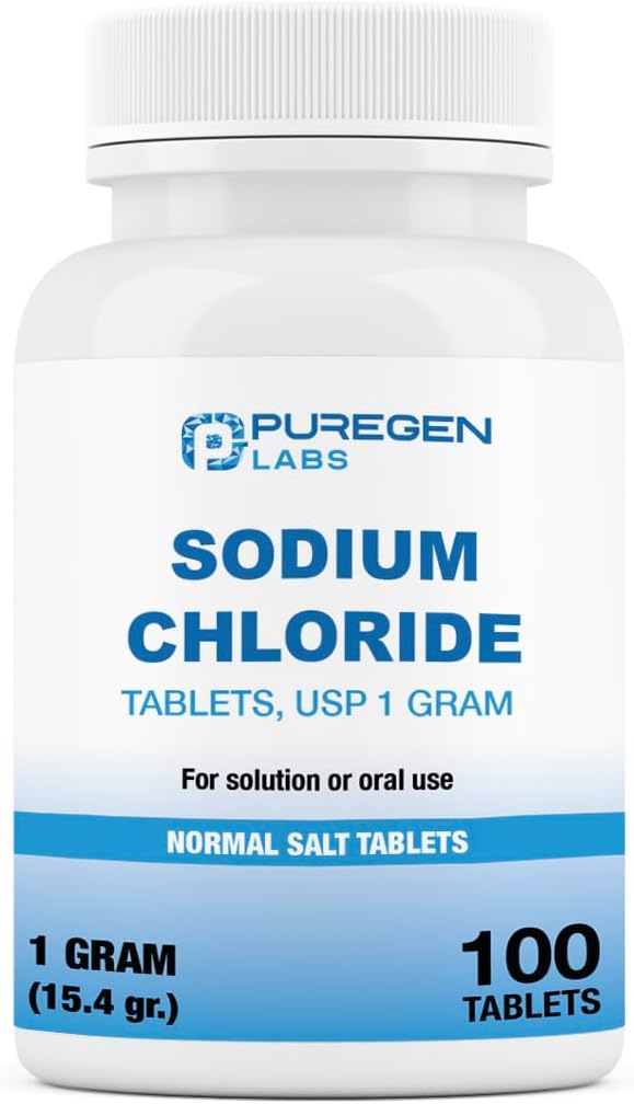 Puregen Labs Sodium Chloride Tablets 1 gm (1000 mg) - 100 Count, Made in USA - Electrolytes Replenisher for Hydration - Normal Salt Tablets
