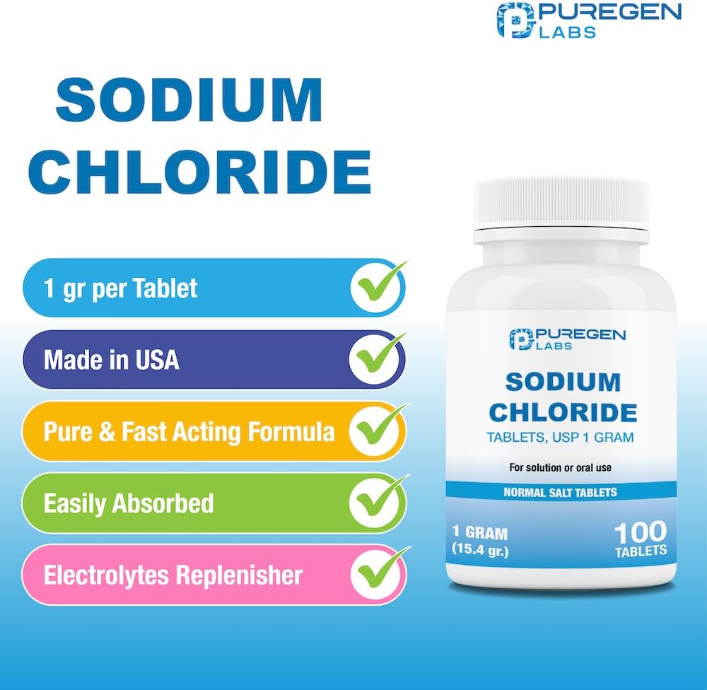 Puregen Labs Sodium Chloride Tablets 1 gm (1000 mg) - 100 Count, Made in USA - Electrolytes Replenisher for Hydration - Normal Salt Tablets