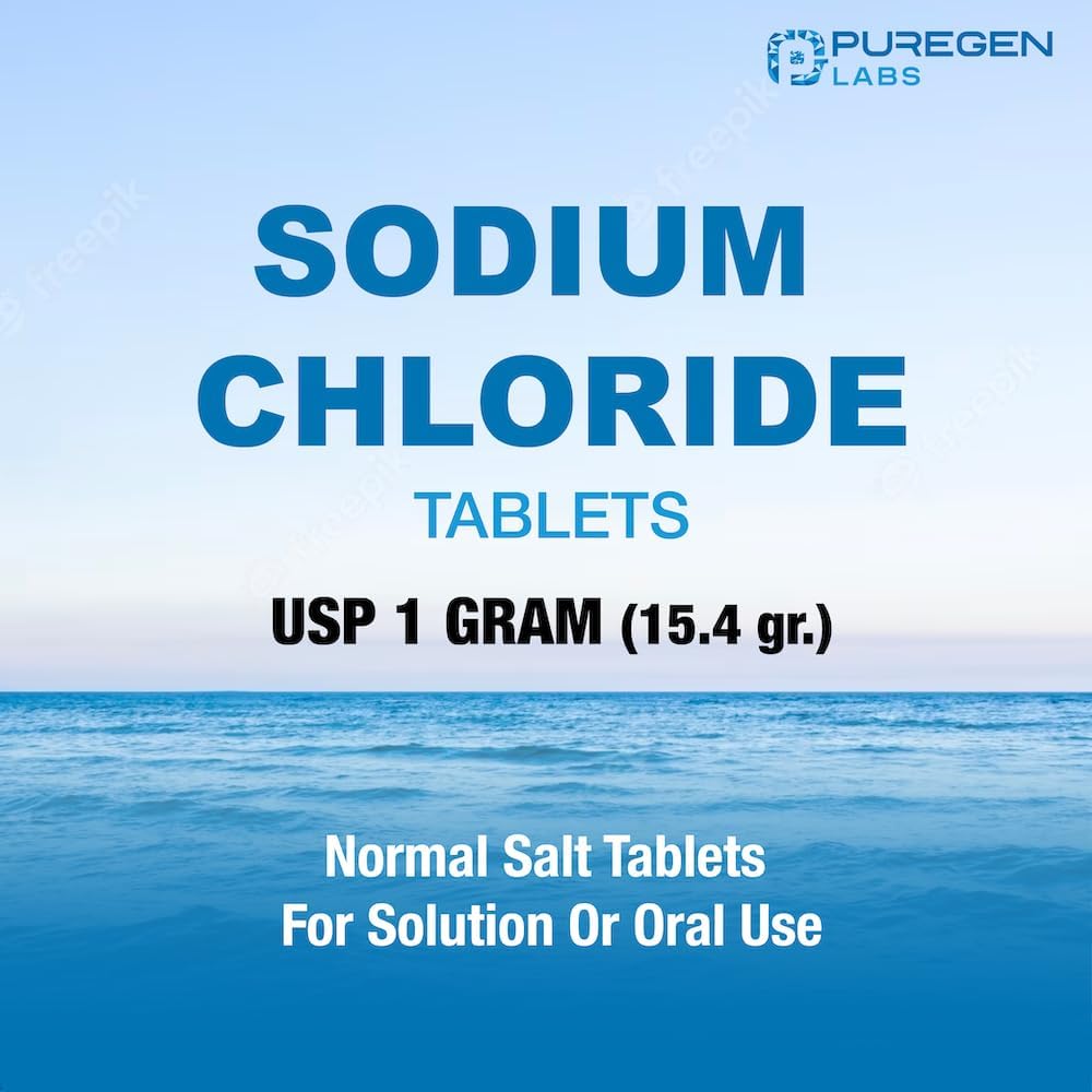 Puregen Labs Sodium Chloride Tablets 1 gm (1000 mg) - 100 Count, Made in USA - Electrolytes Replenisher for Hydration - Normal Salt Tablets