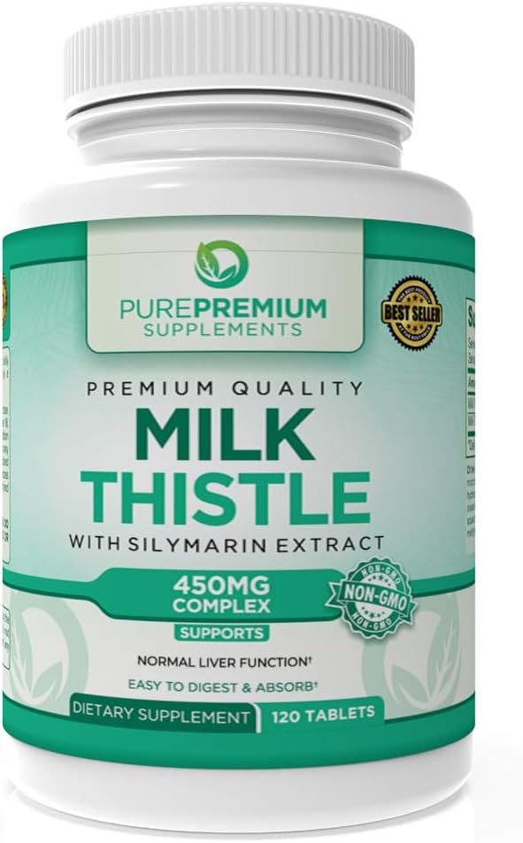 PurePremium Milk Thistle Supplement - 450mg Complex Liver Support - Silymarin Extract - 120 Tablets for Normal Liver Function