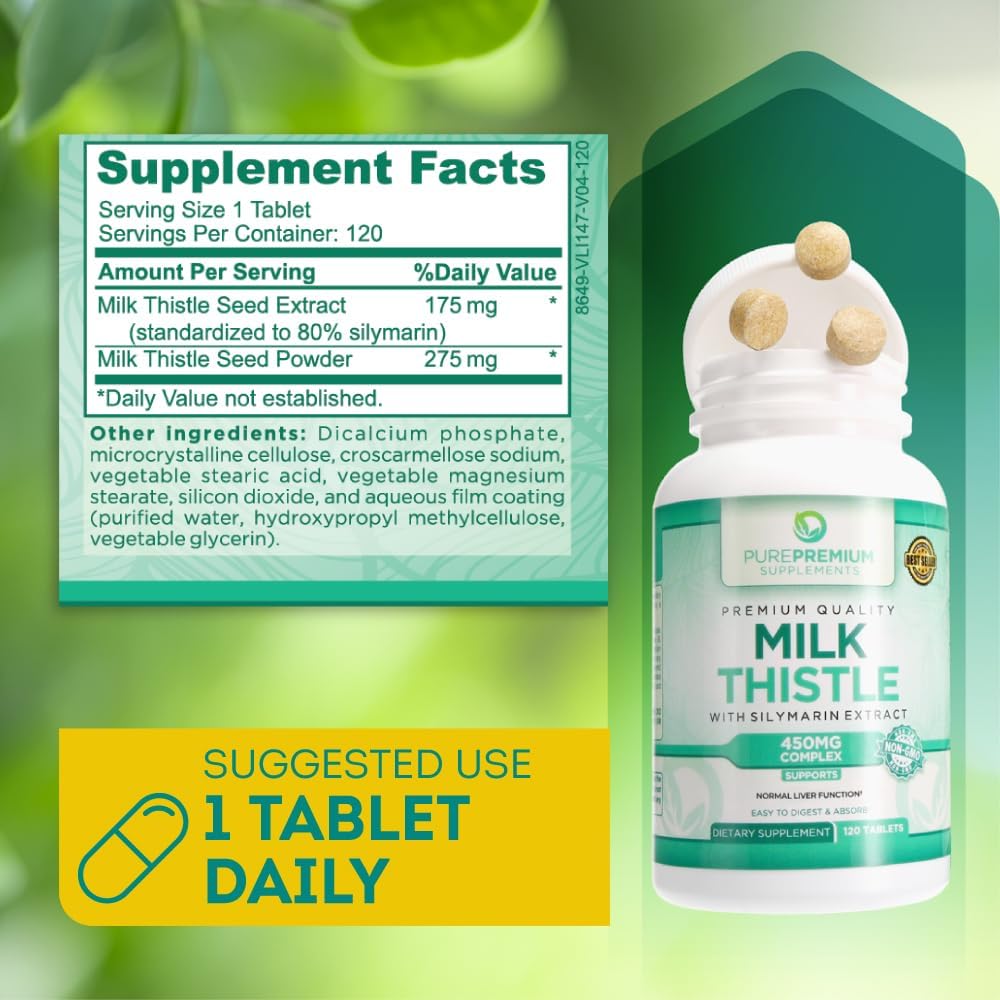 PurePremium Milk Thistle Supplement - 450mg Complex Liver Support - Silymarin Extract - 120 Tablets for Normal Liver Function