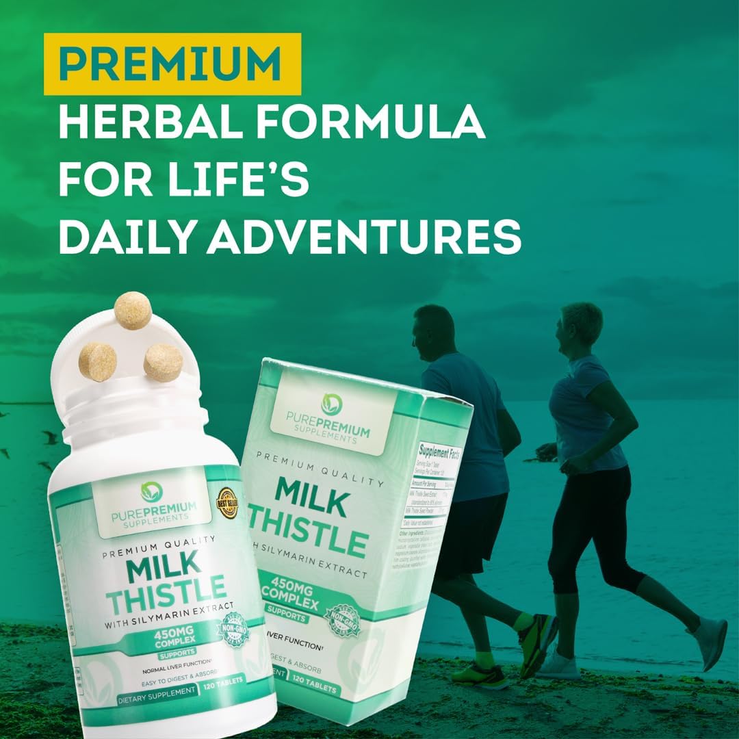 PurePremium Milk Thistle Supplement - 450mg Complex Liver Support - Silymarin Extract - 120 Tablets for Normal Liver Function