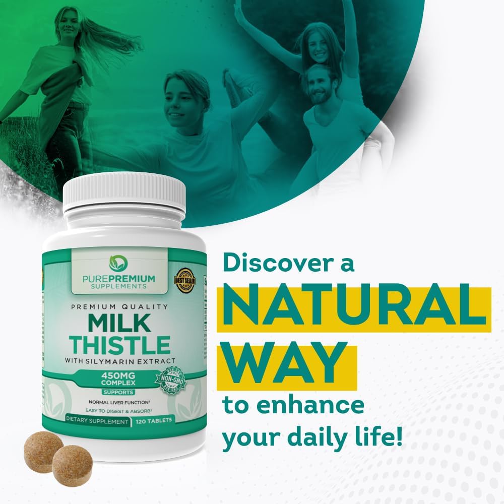 PurePremium Milk Thistle Supplement - 450mg Complex Liver Support - Silymarin Extract - 120 Tablets for Normal Liver Function