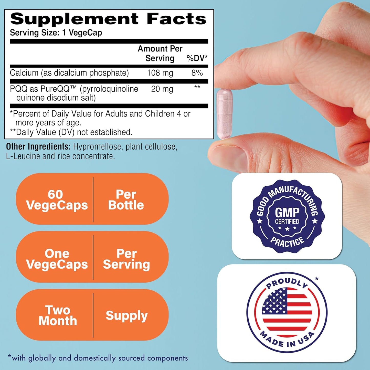 PureQQ PQQ 20mg Capsules - 60 Servings for Mitochondrial Support | Certified Vegan Non-GMO Gluten Soy Free | Clean Label PQQ Supplement by Health Thru Nutrition