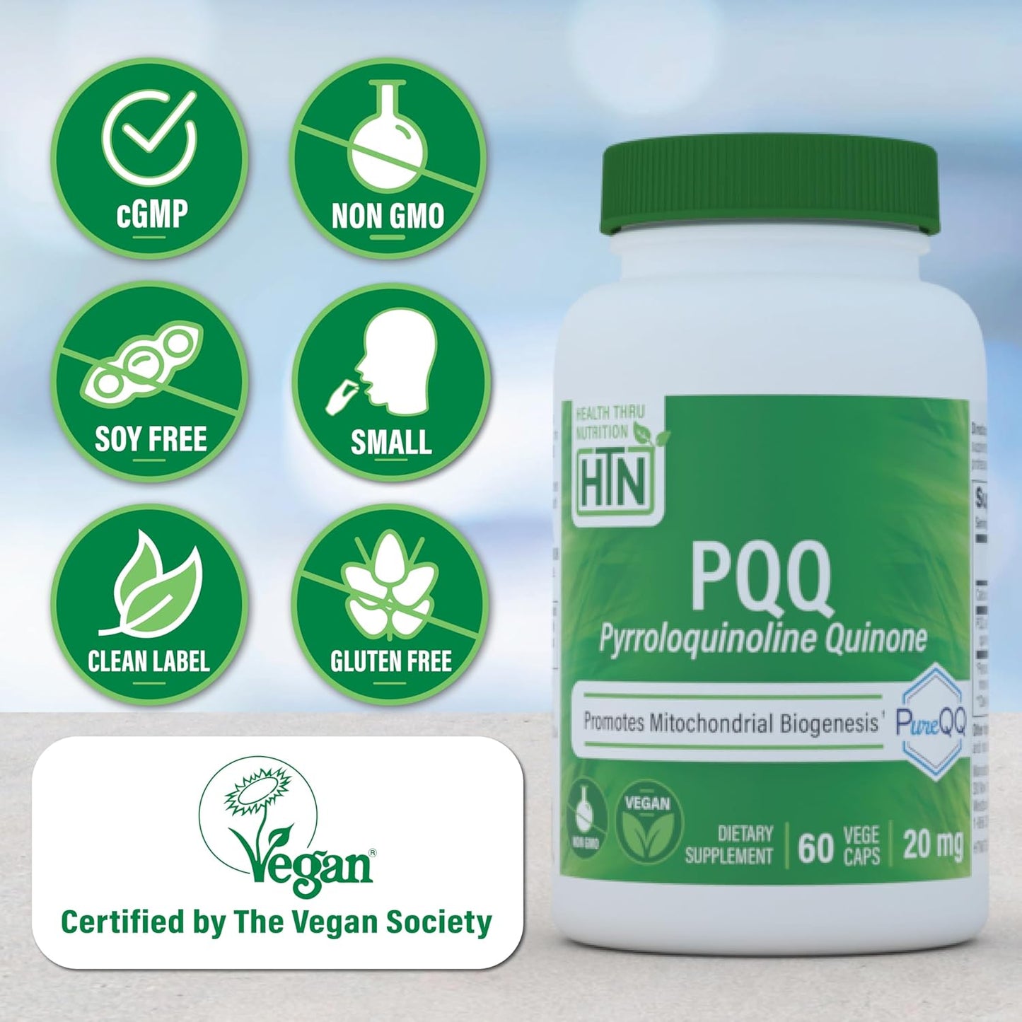 PureQQ PQQ 20mg Capsules - 60 Servings for Mitochondrial Support | Certified Vegan Non-GMO Gluten Soy Free | Clean Label PQQ Supplement by Health Thru Nutrition