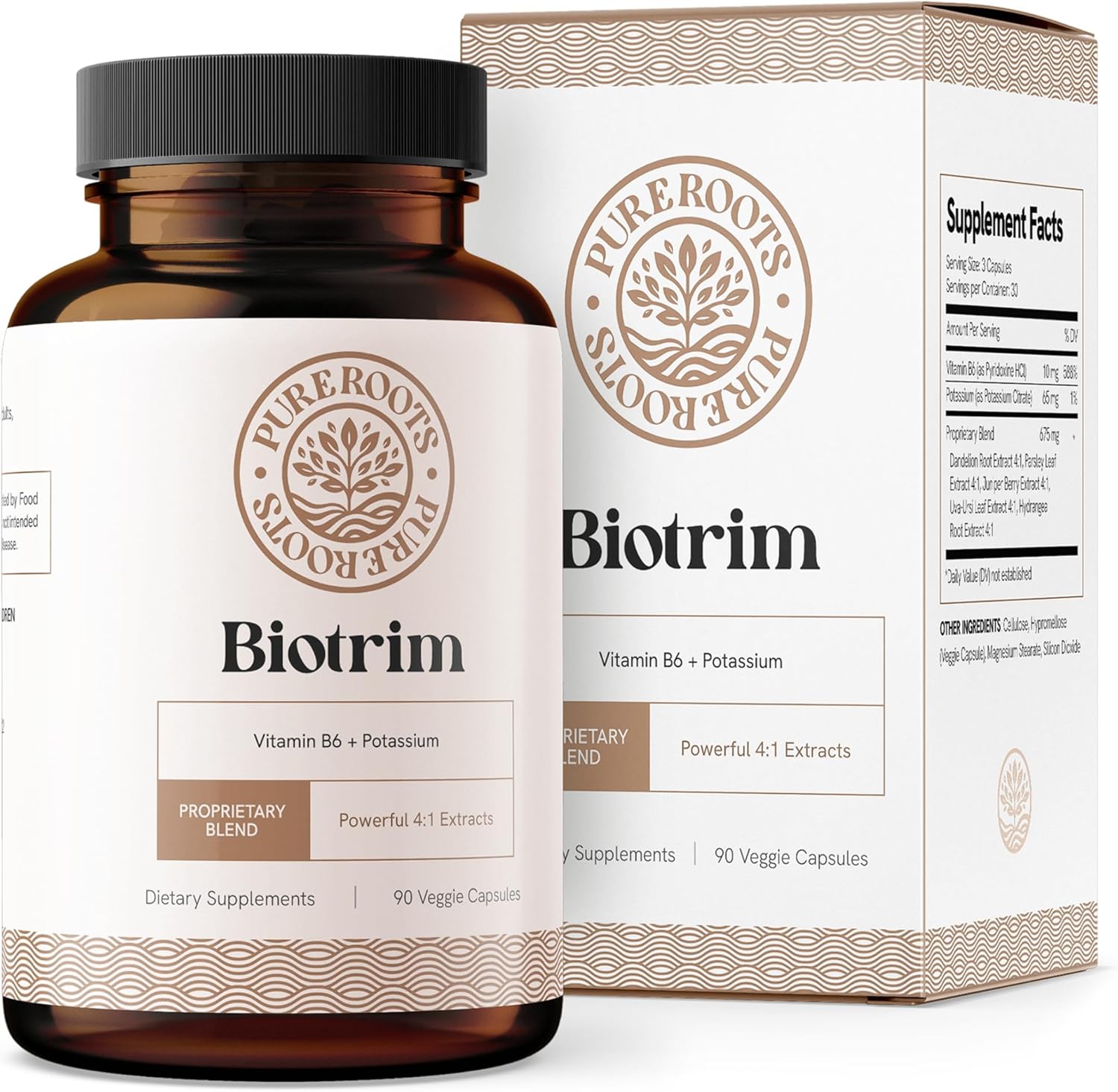 PureRoots Natural Diuretic Water Pills for Swollen Legs & Feet - Caffeine-Free Formula with Biotrim & Dandelion Root - Reduce Water Retention in Legs & Feet