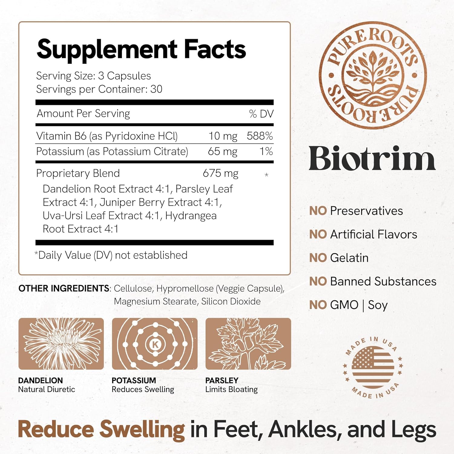 PureRoots Natural Diuretic Water Pills for Swollen Legs & Feet - Caffeine-Free Formula with Biotrim & Dandelion Root - Reduce Water Retention in Legs & Feet