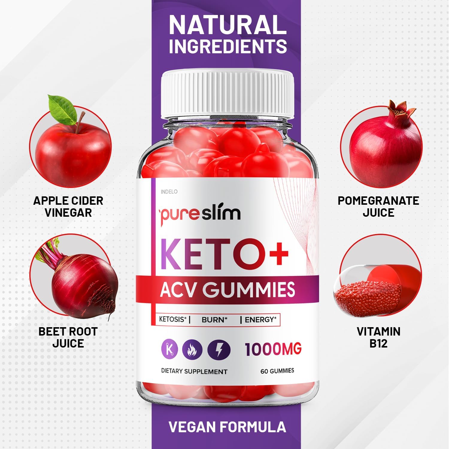 PureSlim Keto Plus ACV Gummies (3 Pack) - Advanced Formula for Men and Women - Apple Cider Vinegar Dietary Supplement with 180 Gummies