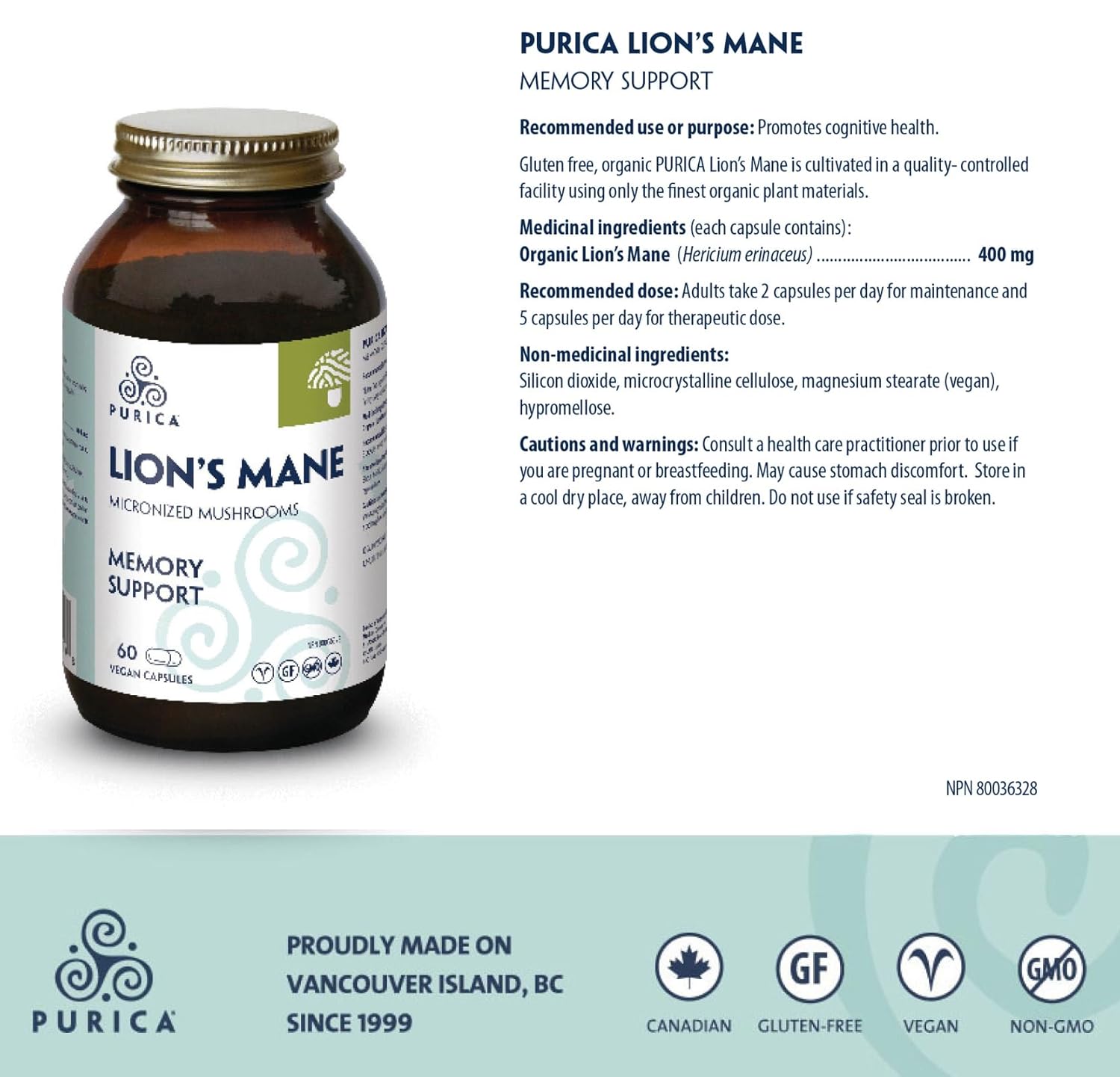PURICA Lion's Mane Micronized Mushrooms Capsules - 60 Vegan Pills for Cognitive Health, Focus, and Memory Boost