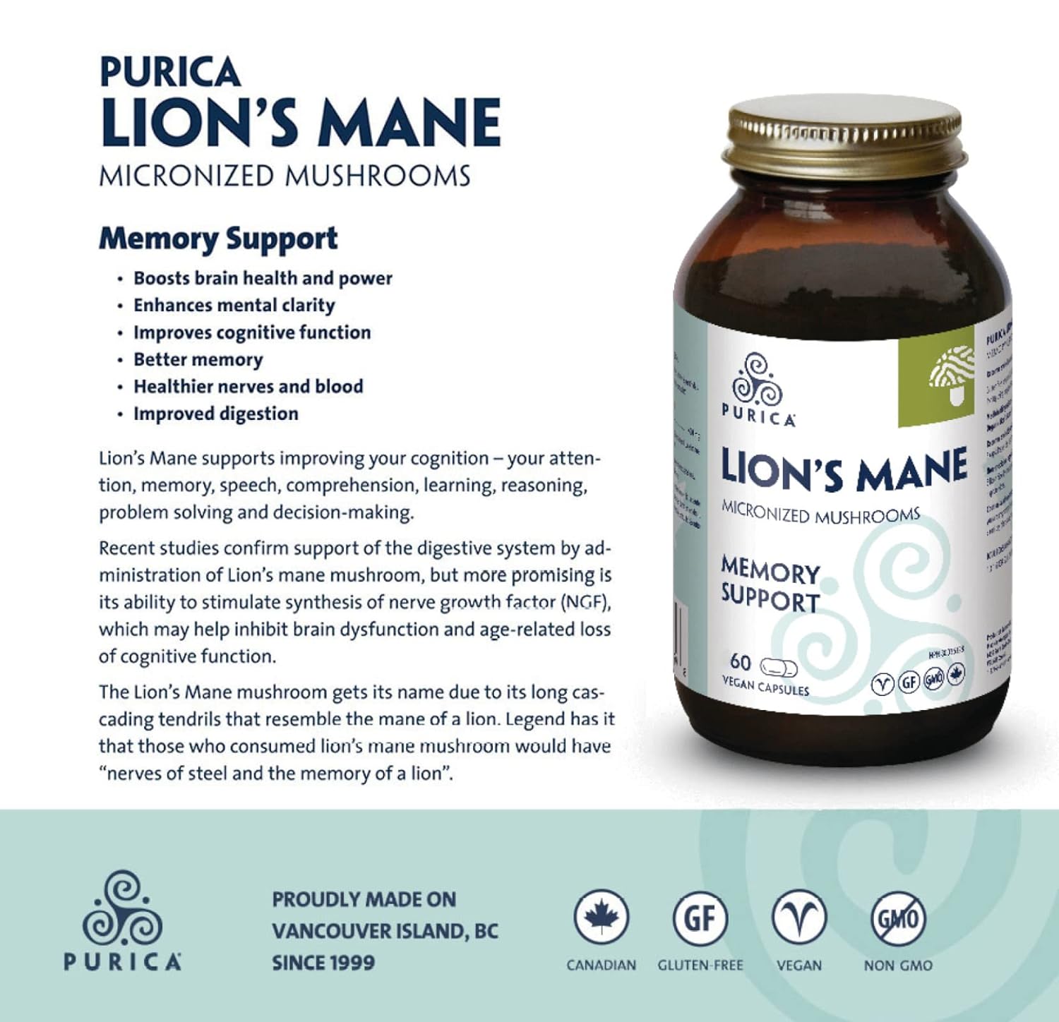 PURICA Lion's Mane Micronized Mushrooms Capsules - 60 Vegan Pills for Cognitive Health, Focus, and Memory Boost