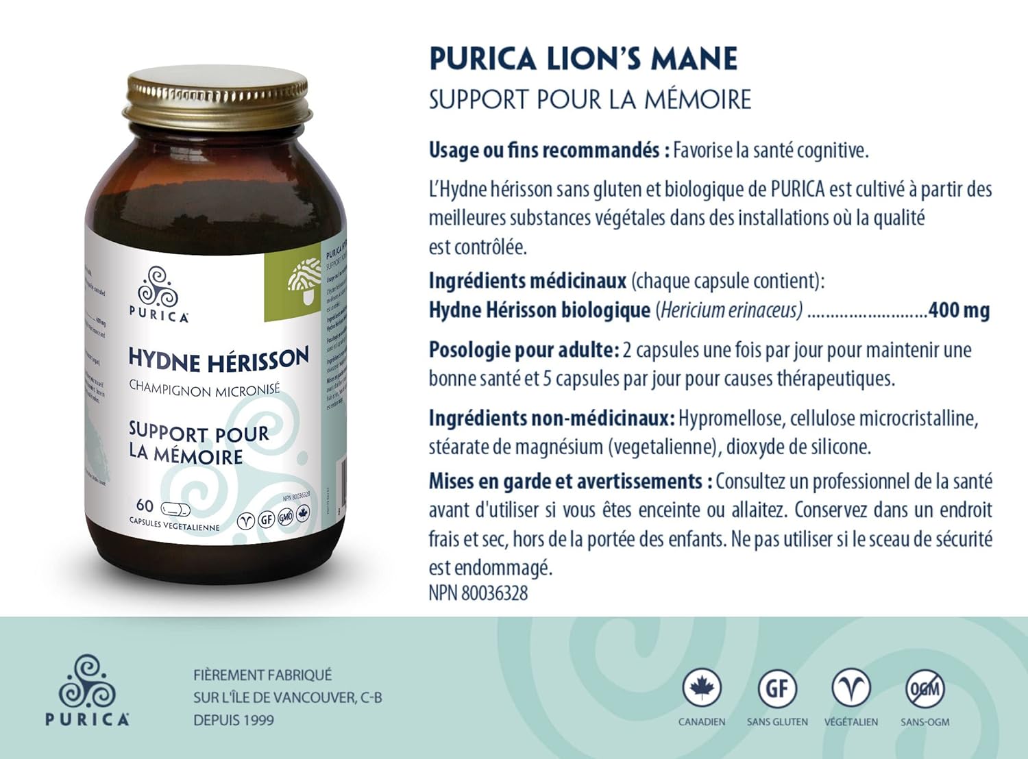 PURICA Lion's Mane Micronized Mushrooms Capsules - 60 Vegan Pills for Cognitive Health, Focus, and Memory Boost