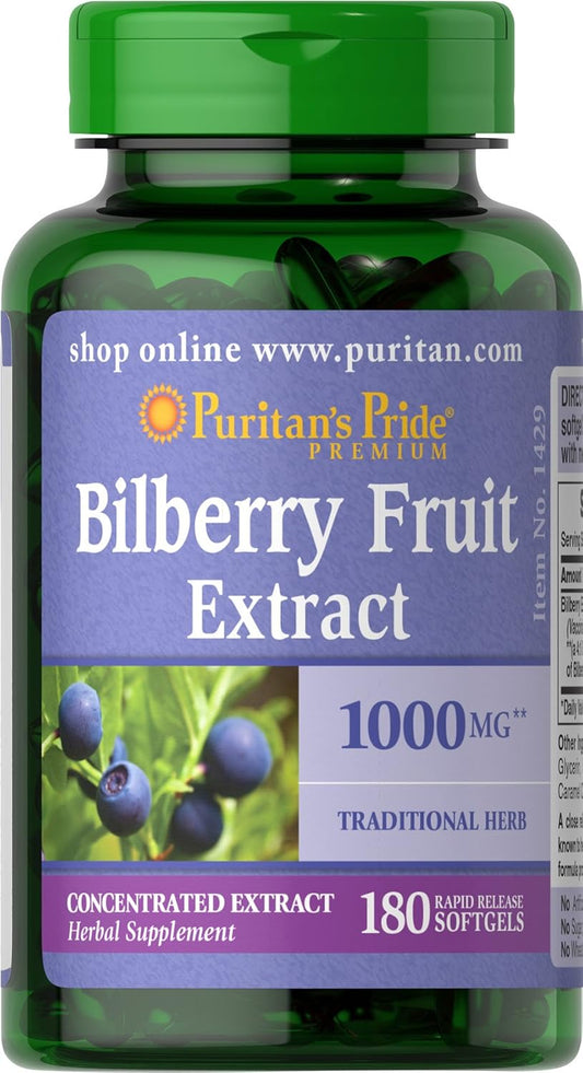 Puritan's Pride Bilberry Fruit Extract 250mg, 180 Softgels, 3-6 Month Supply, High Vitamin C, Herbal Supplement