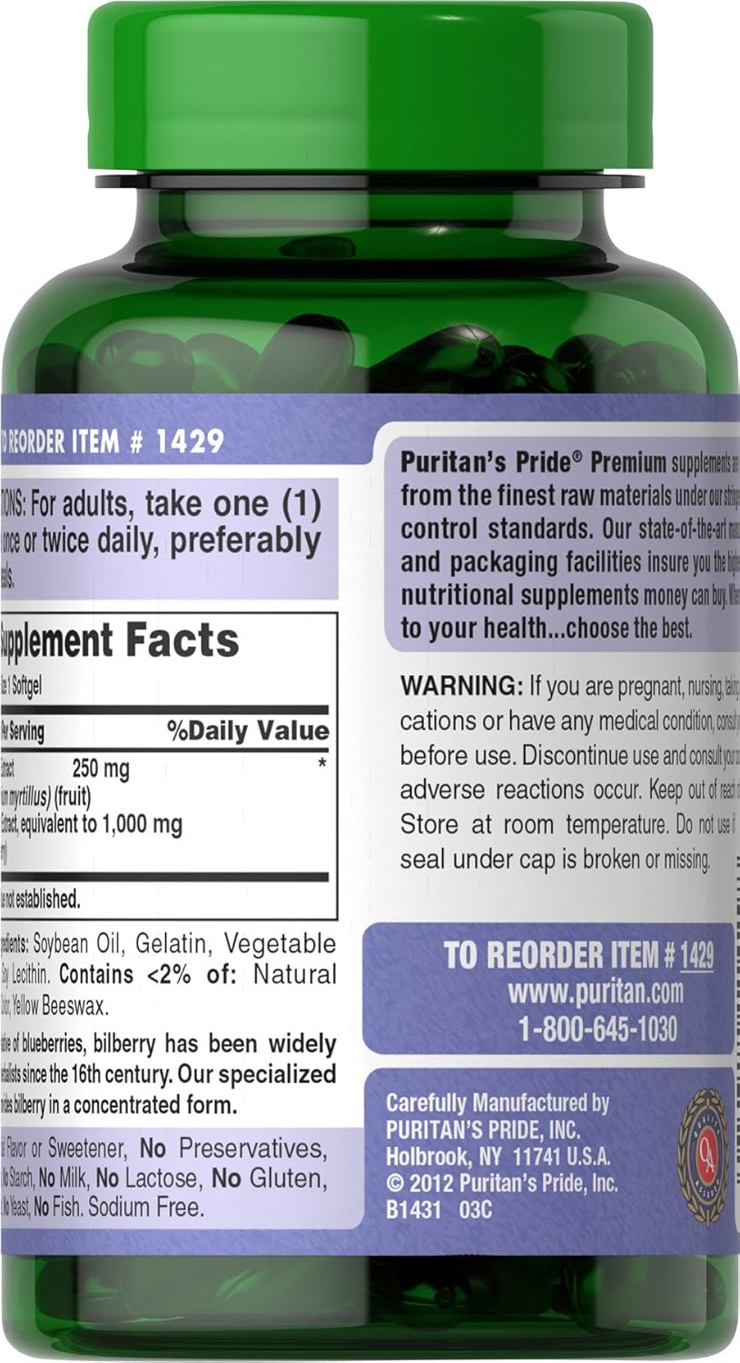 Puritan's Pride Bilberry Fruit Extract 250mg, 180 Softgels, 3-6 Month Supply, High Vitamin C, Herbal Supplement