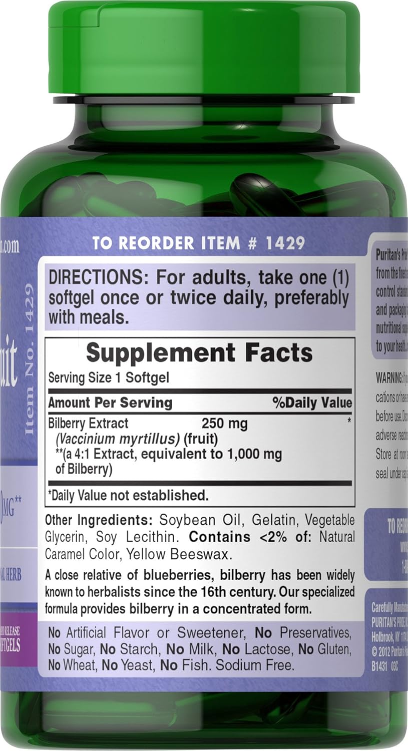 Puritan's Pride Bilberry Fruit Extract 250mg, 180 Softgels, 3-6 Month Supply, High Vitamin C, Herbal Supplement