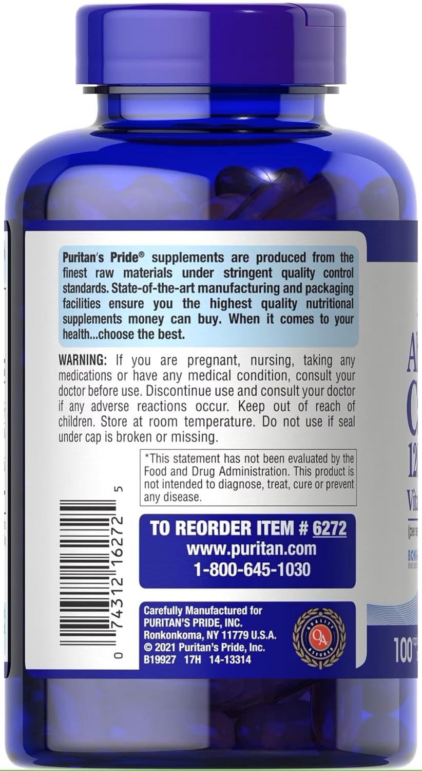 Puritan's Pride Calcium with Vitamin D3 for Bone and Immune Support, 100 Softgels