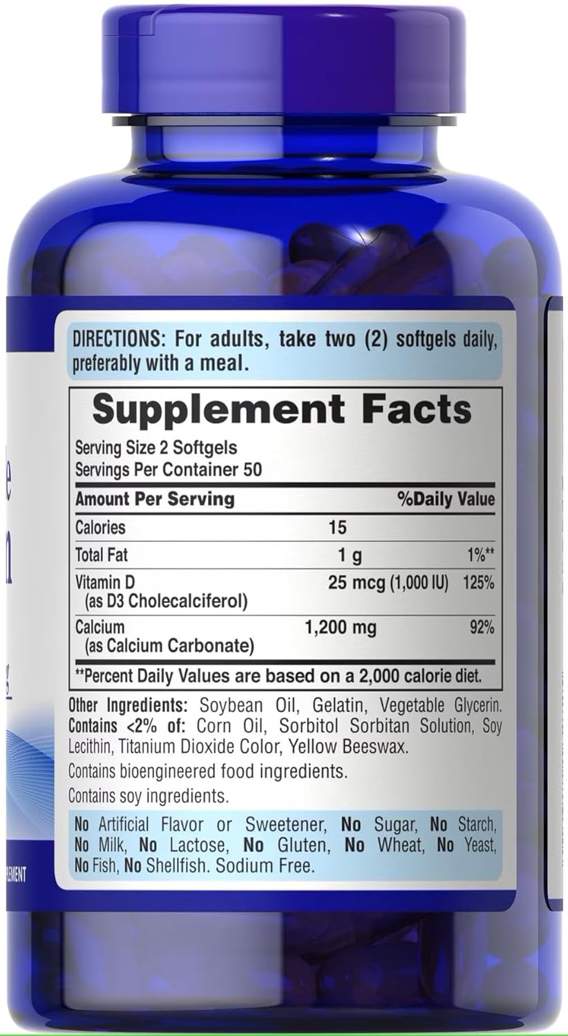 Puritan's Pride Calcium with Vitamin D3 for Bone and Immune Support, 100 Softgels