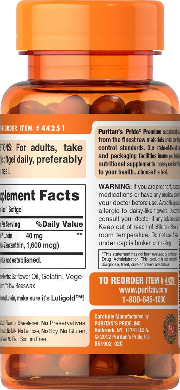 Puritan's Pride Lutein 40mg with Zeaxanthin Softgels - 120 Count Pack