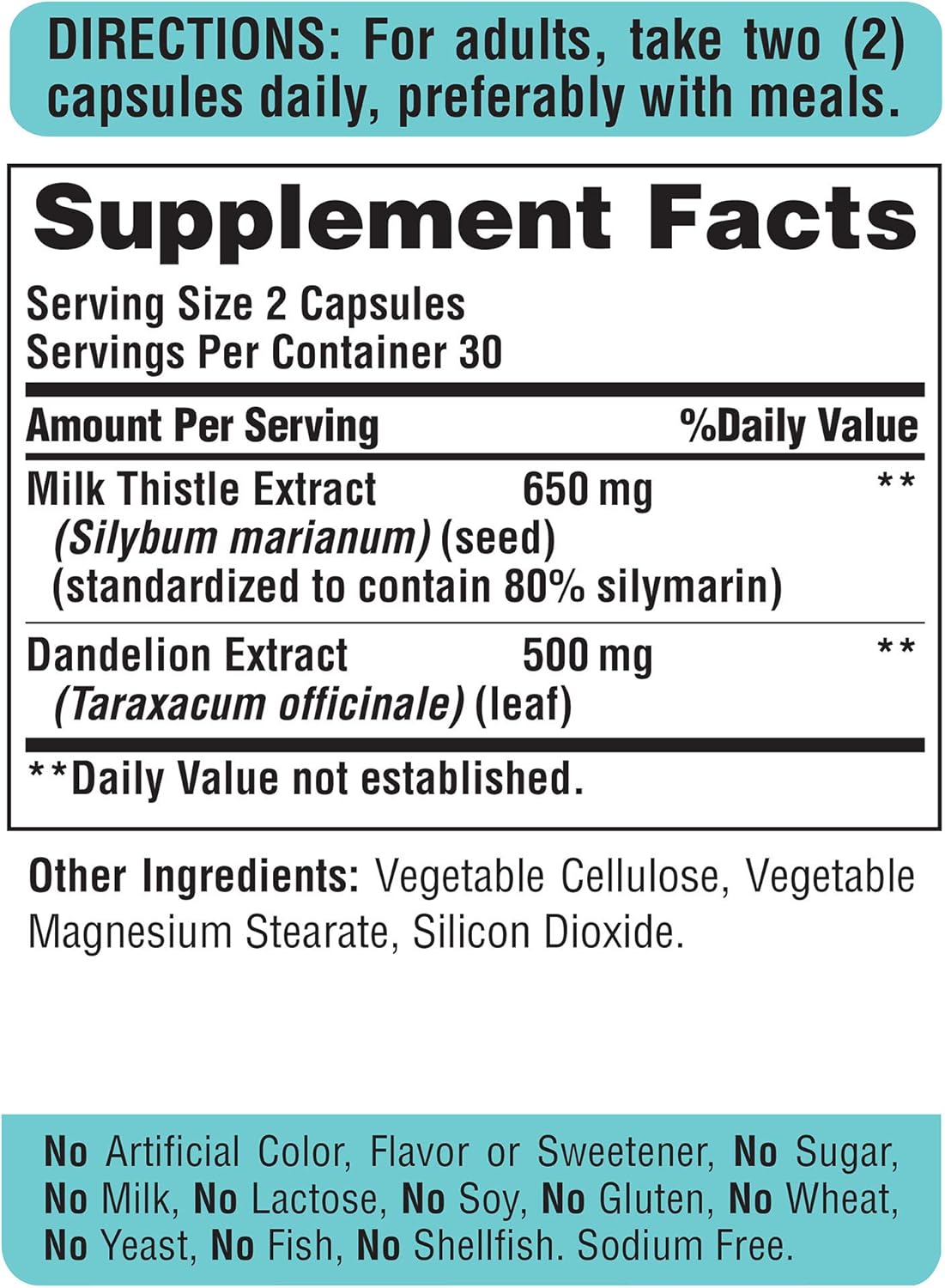 Puritan's Pride Milk Thistle and Dandelion Extract Capsules - 60 Count