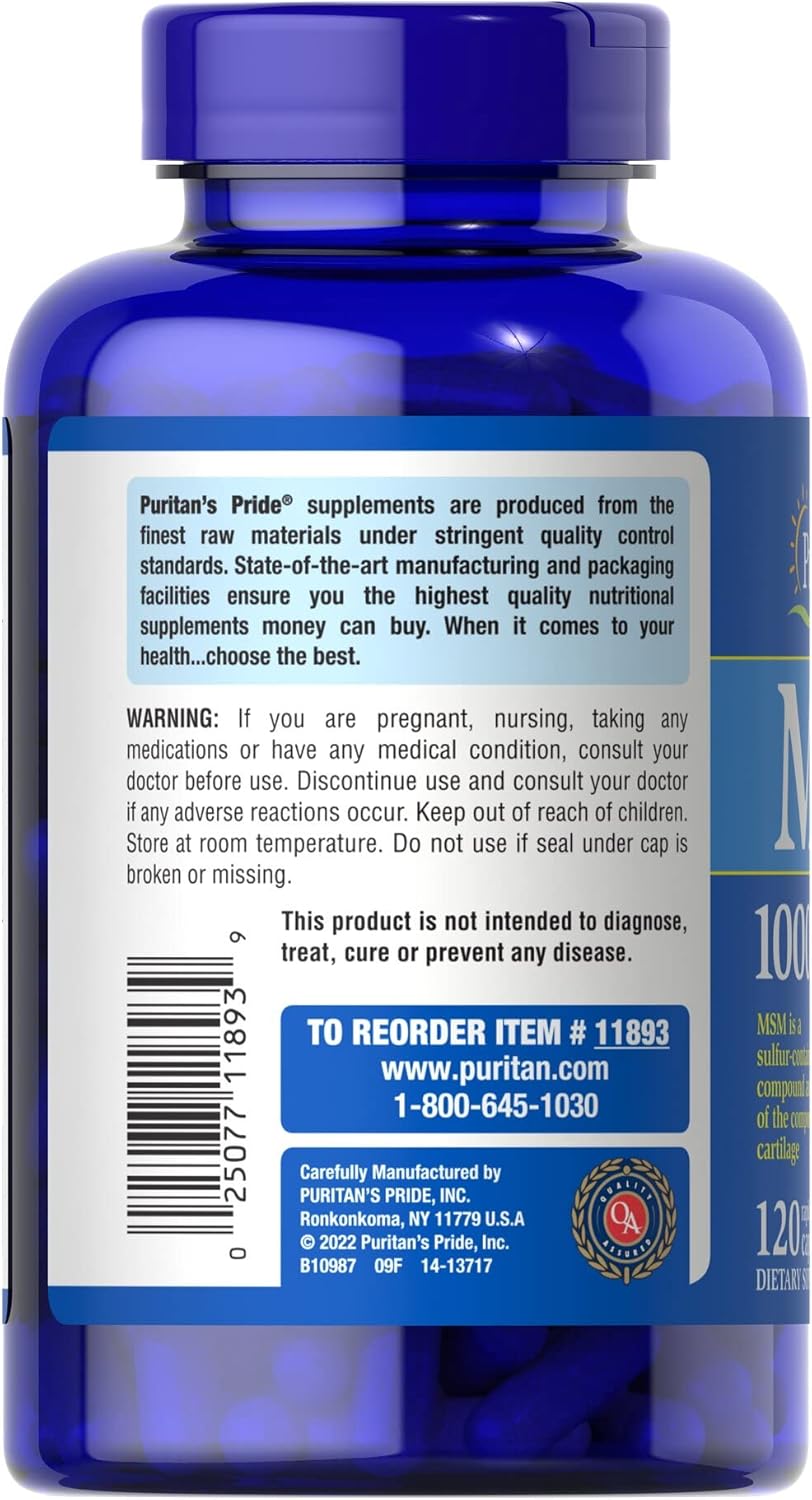 Puritan's Pride MSM Joint Support Formula Capsules - 1000 mg, 120 Count - Rapid Release Formula