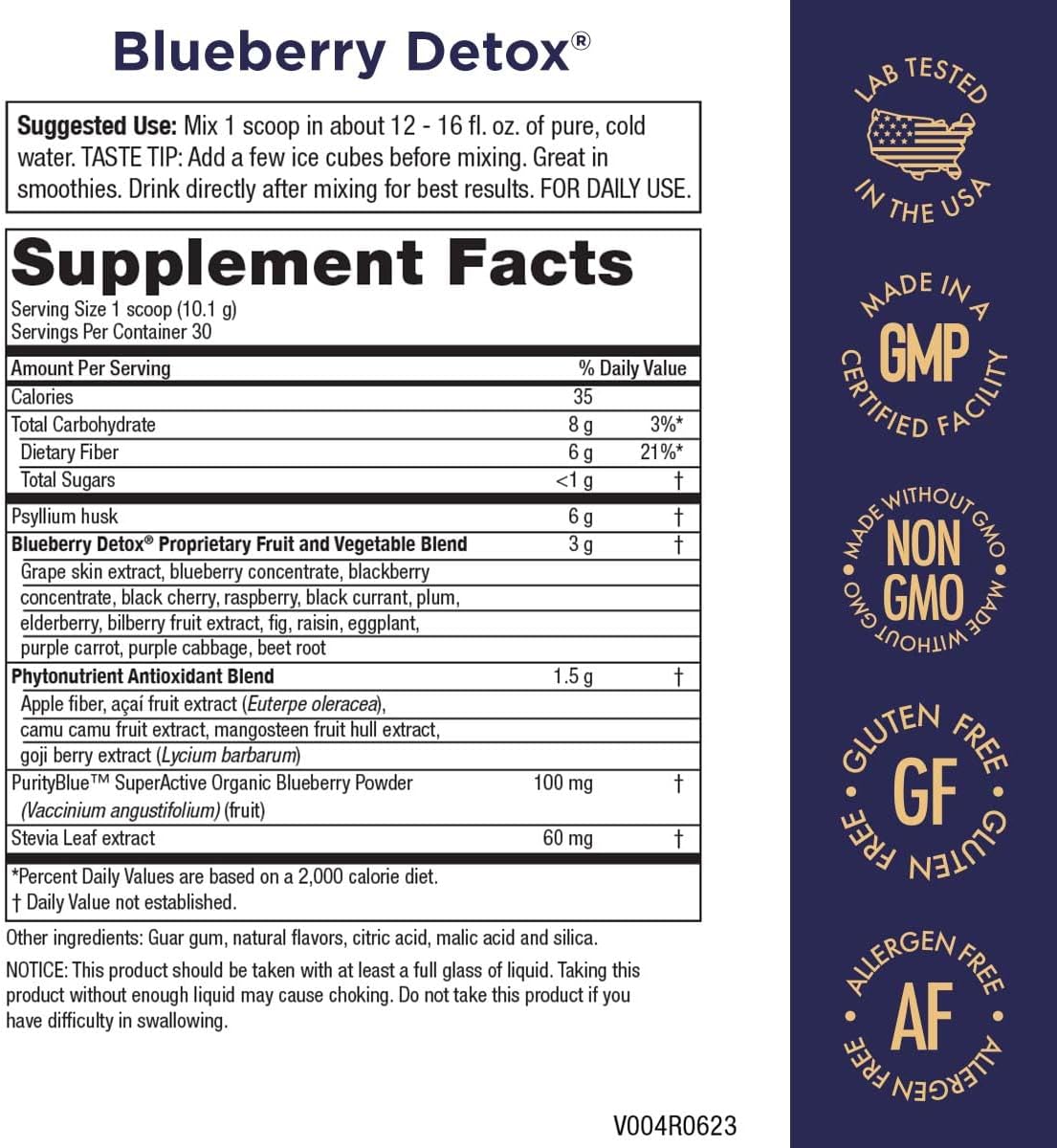 Purity Products Blueberry Detox Fiber Formula with PurityBlue Wild Blueberries - 6g Prebiotic Fiber - 30 Servings