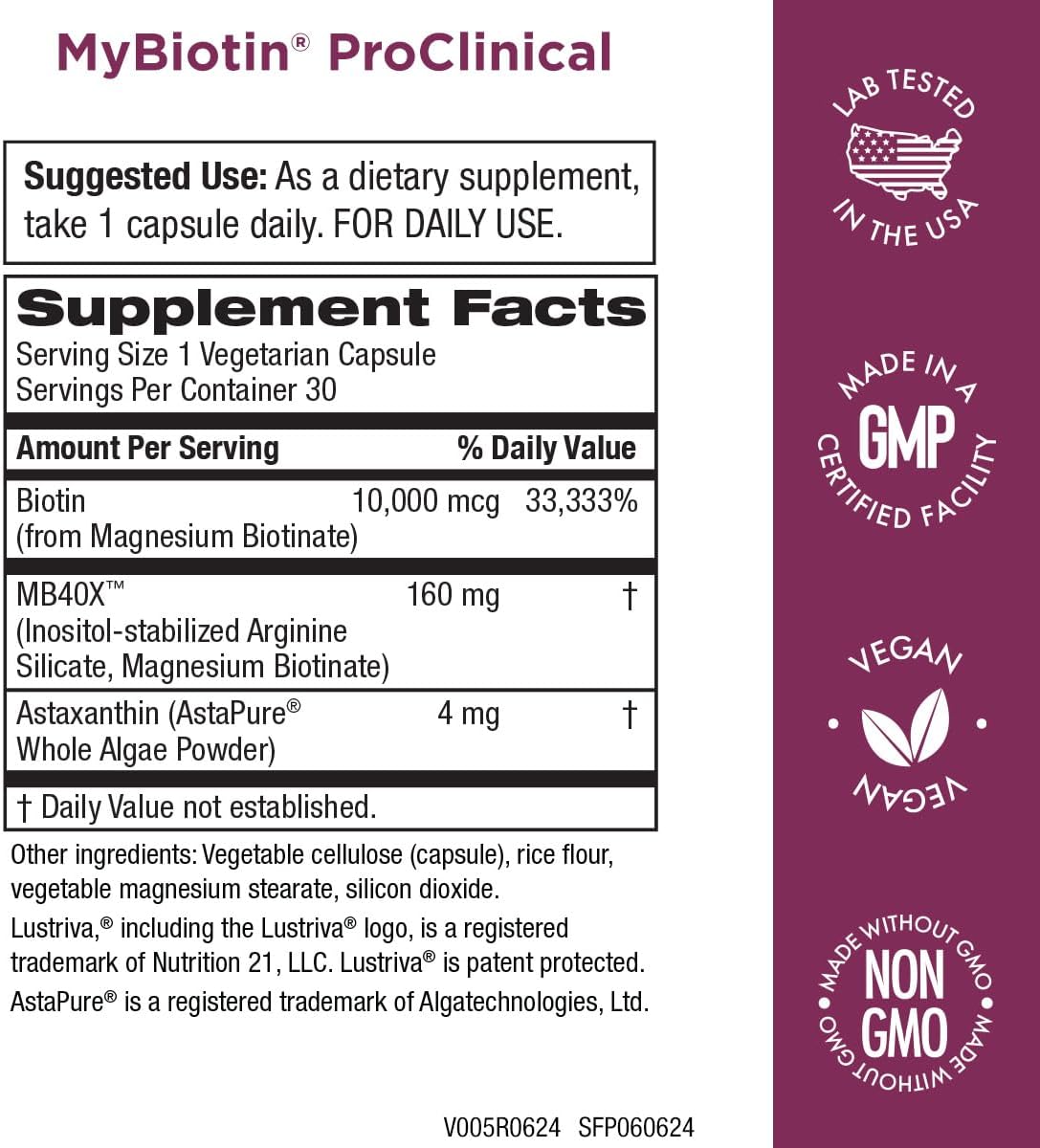 Purity Products MyBiotin ProClinical 90 Count - Thicker Hair in 3 Weeks, Anti-Wrinkle Formula, MB40X Biotin Matrix with Astaxanthin - 40X More Soluble - Patented Formula