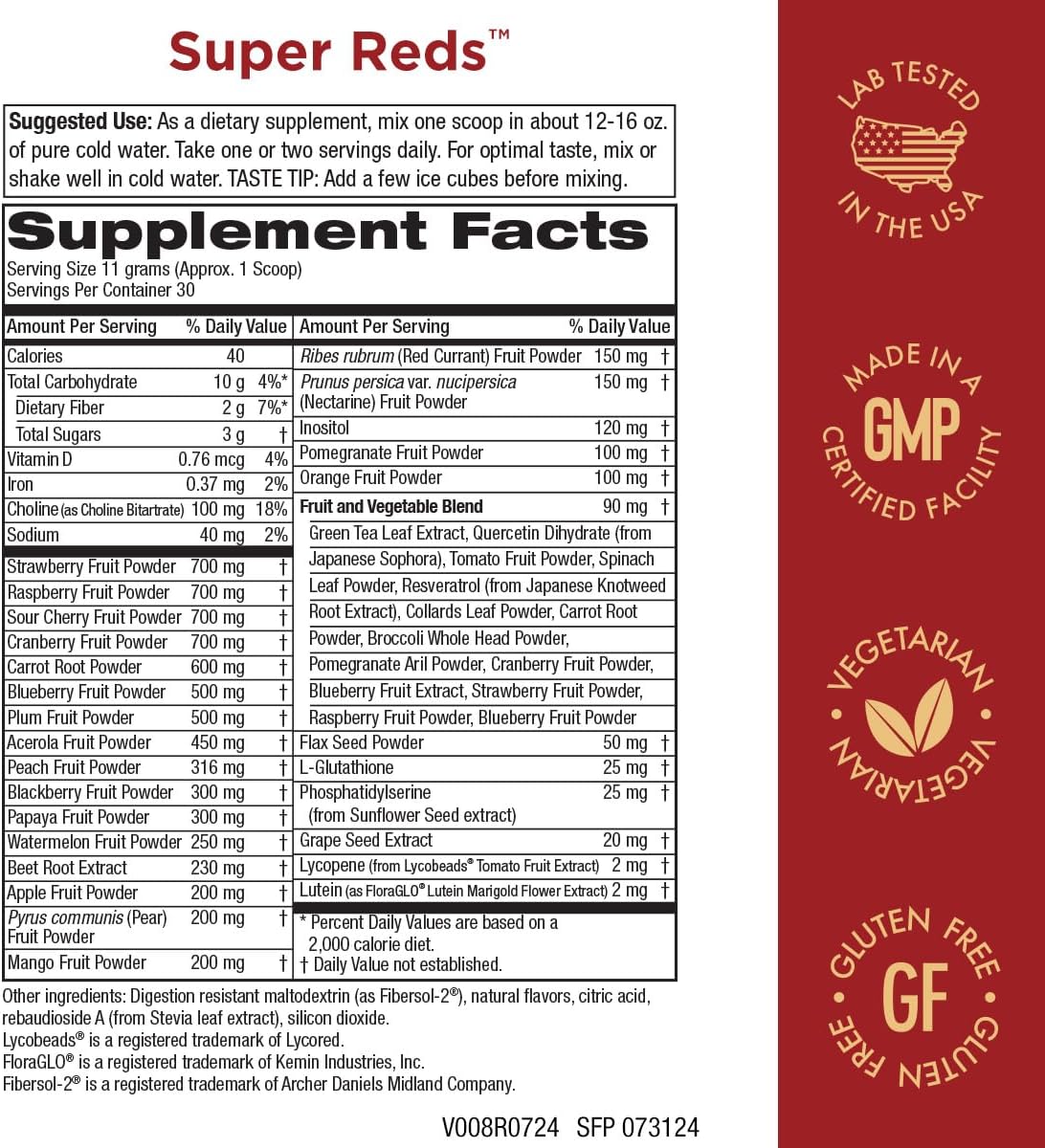 Purity Products Super Reds Powder Phytonutrient Superfood Drink Mix with FloraGLO Lutein - 330g - 30 Day Supply