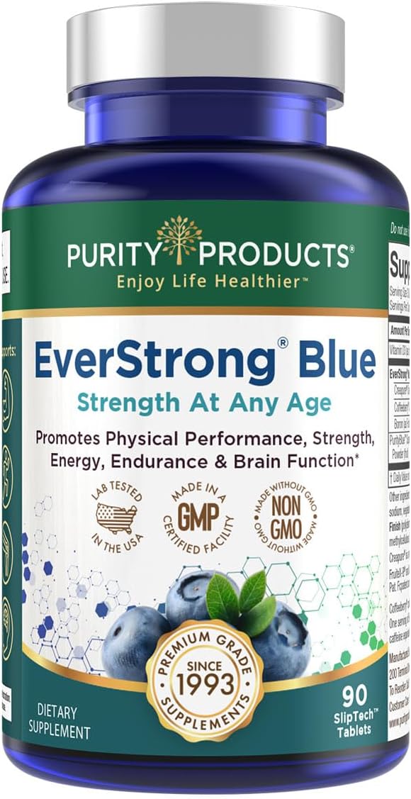 PurityBlue EverStrong Blue Strength Building and Brain Boosting Supplement with Muscle Matrix Blend, Creatine Monohydrate, Organic Blueberry Complex, and Vitamin D3 - 90 Tablets
