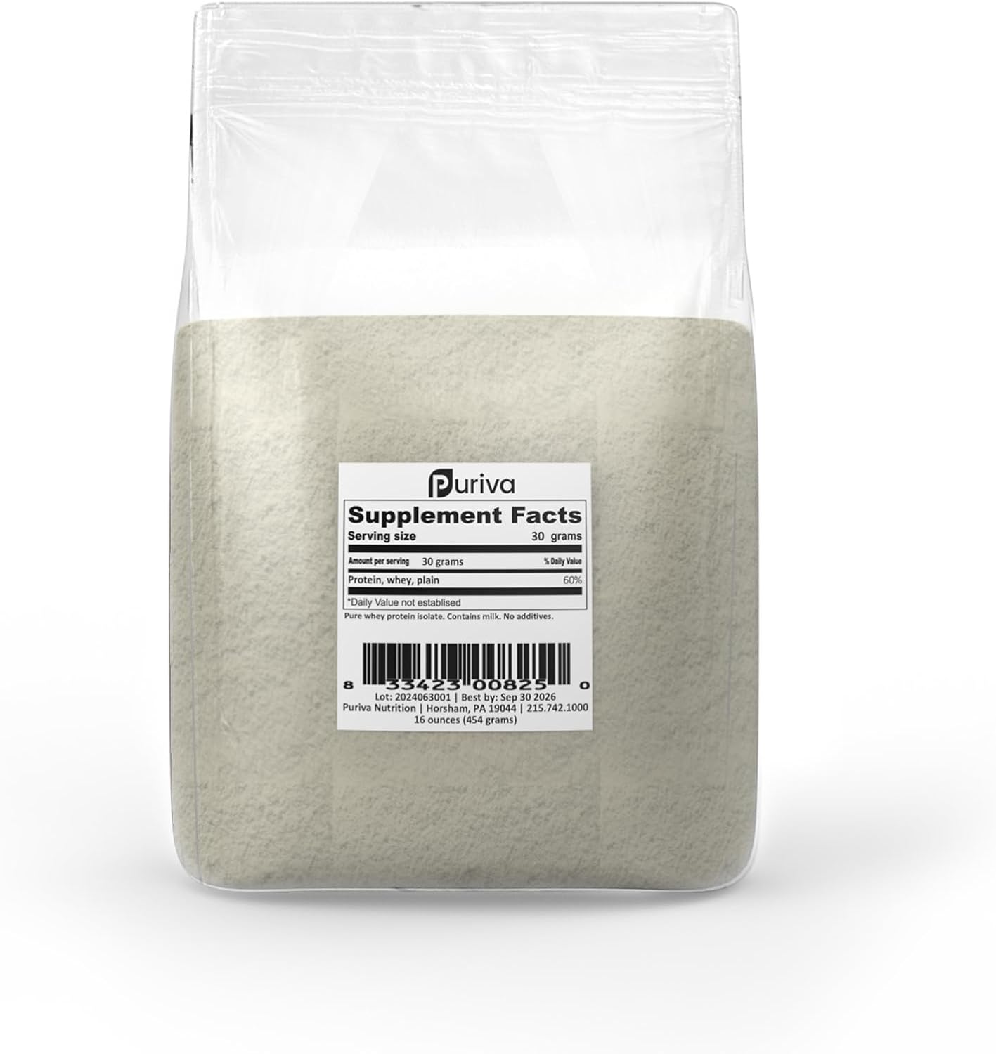 Puriva Nutrition Whey Protein Isolate Powder - Plain Flavor, 1lb Pack