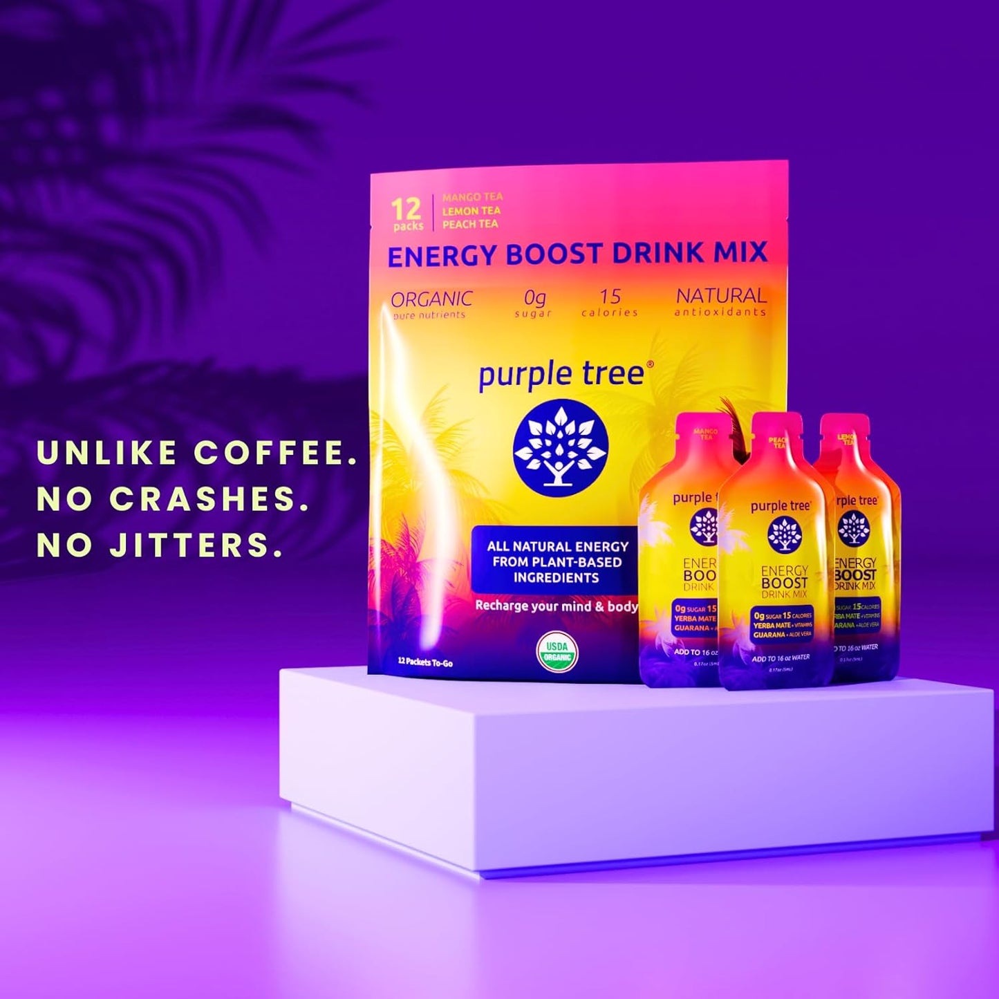 Purple Tree Organic Energy Stick Packets - Zero Sugar, B12 Vitamins, Lemon Ice Tea Flavor - 80mg Caffeine from Yerba Mate & Guarana - 12 To-Go Packs for Preventing Crashing