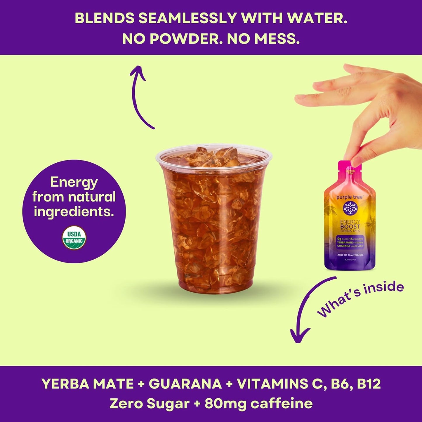 Purple Tree Organic Energy Stick Packets - Zero Sugar, B12 Vitamins, Lemon Ice Tea Flavor - 80mg Caffeine from Yerba Mate & Guarana - 12 To-Go Packs for Preventing Crashing