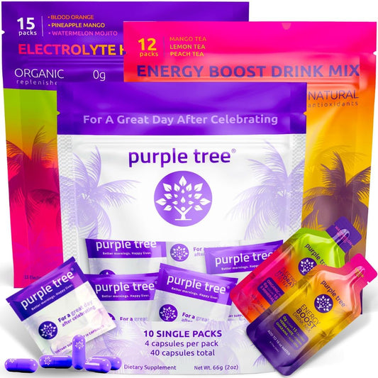purple tree Premium 3-in-1 Combo Pack: Post-Party Recovery Essentials for Better Mornings & Happy Liver | 10 Kits for Weddings, Travel, Bachelorette Parties