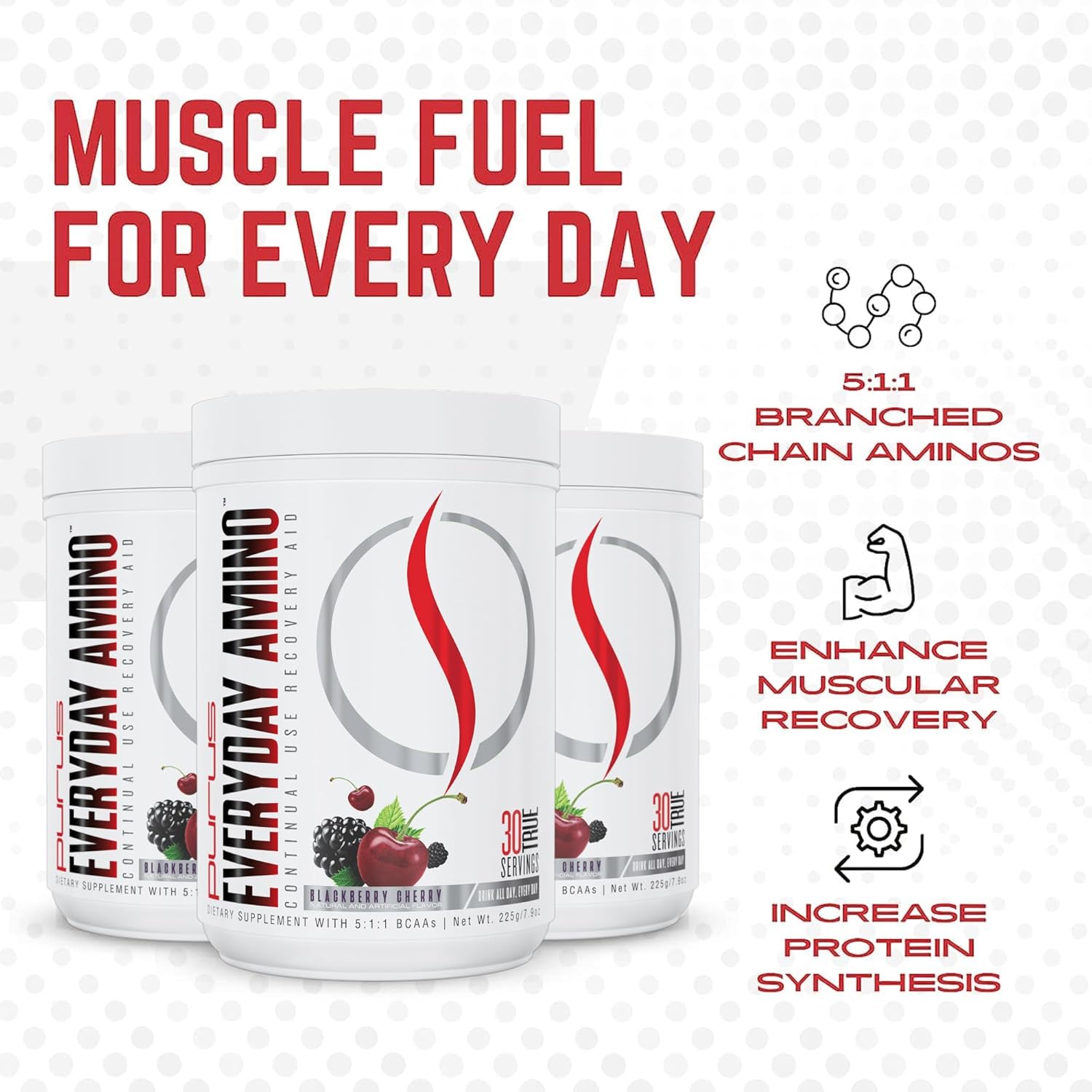 Purus Labs Everyday Amino BCAA Powder - Muscle Hydration & Recovery - Sugar & Gluten Free - 30 Servings - BlackBerry Cherry