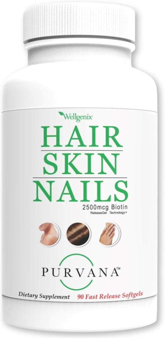 Purvana Hair, Skin, and Nails Softgel Supplement - 2500mcg Biotin for Anti-Aging & Hair Growth - 90 Count