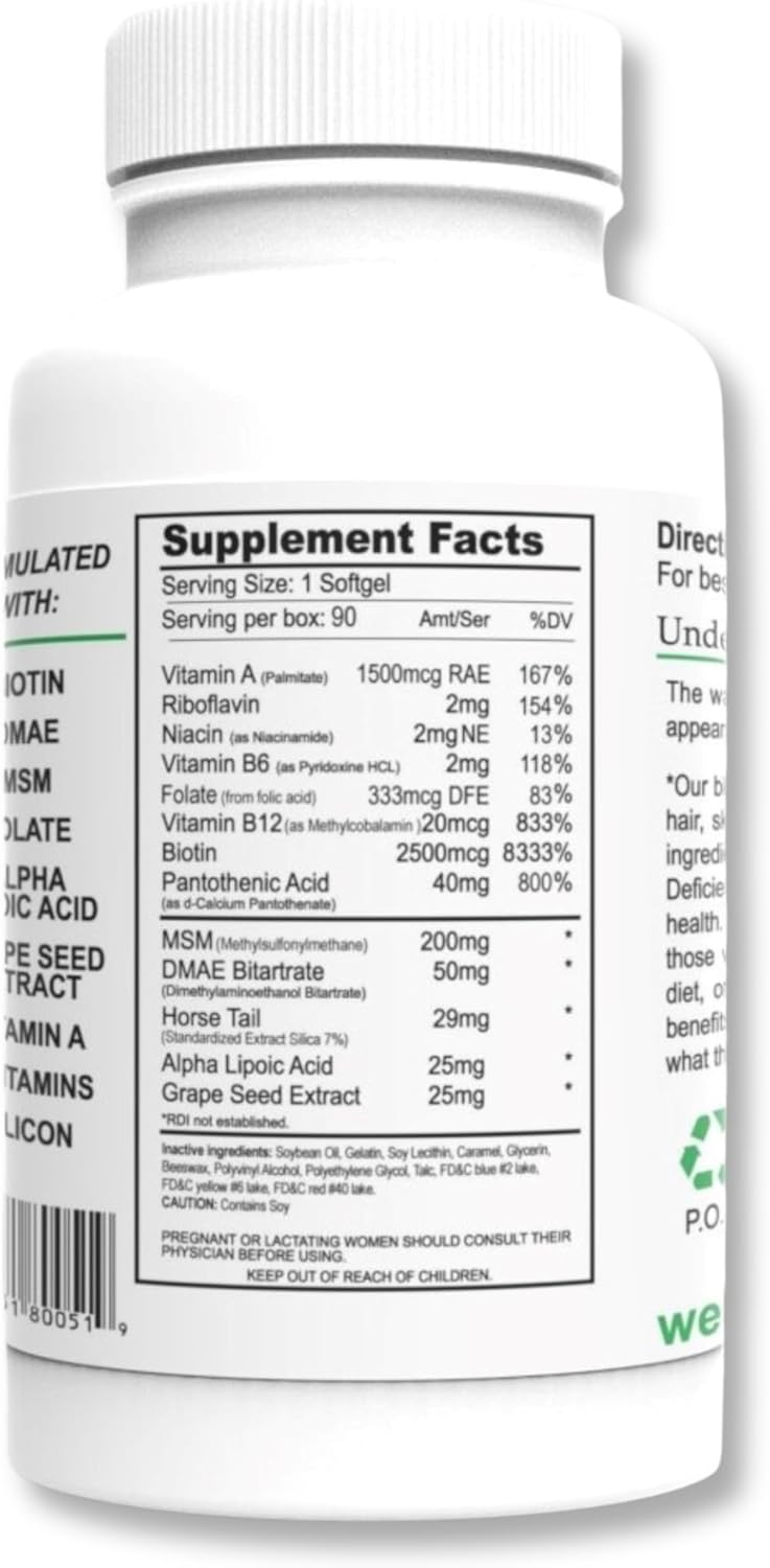 Purvana Hair, Skin, and Nails Softgel Supplement - 2500mcg Biotin for Anti-Aging & Hair Growth - 90 Count