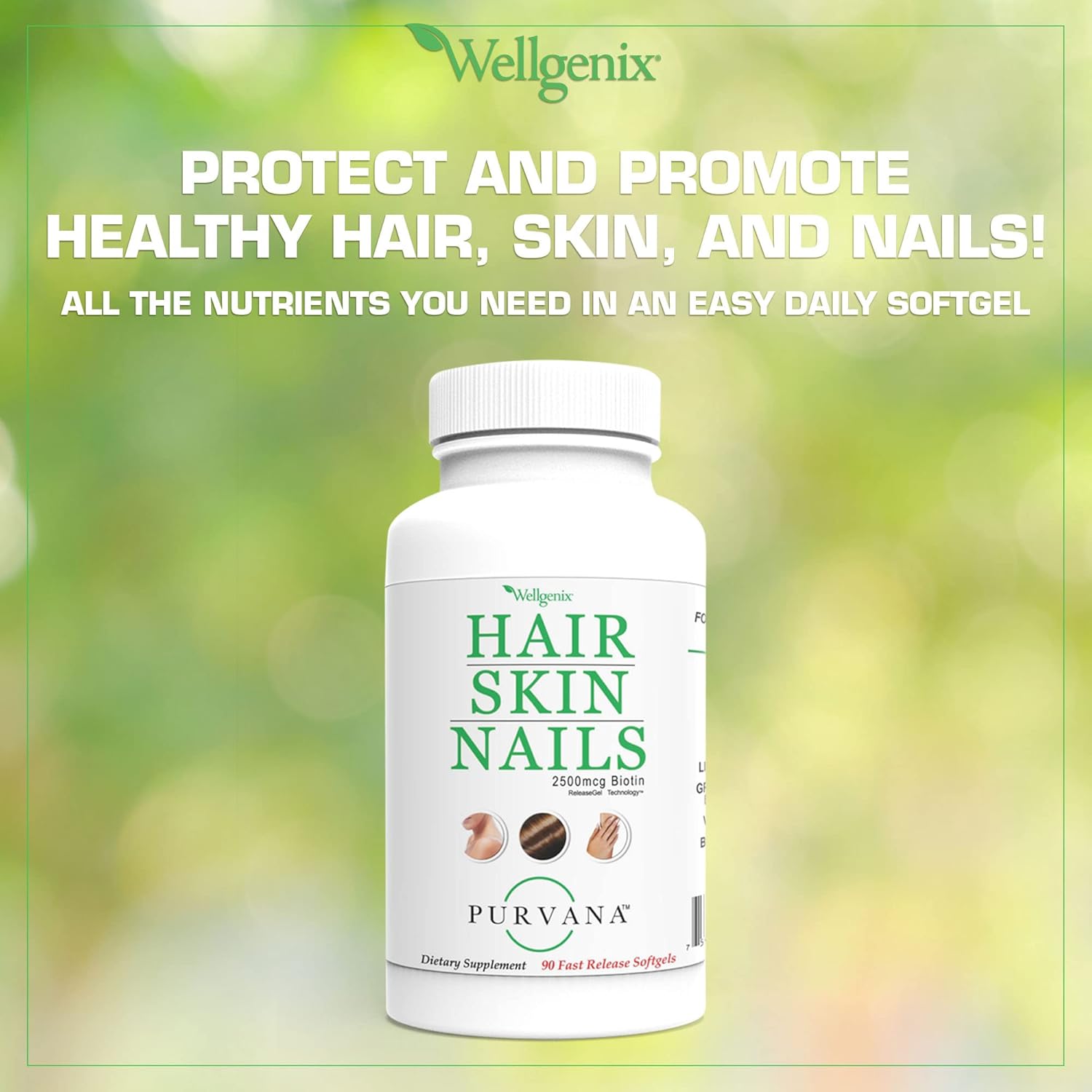 Purvana Hair, Skin, and Nails Softgel Supplement - 2500mcg Biotin for Anti-Aging & Hair Growth - 90 Count