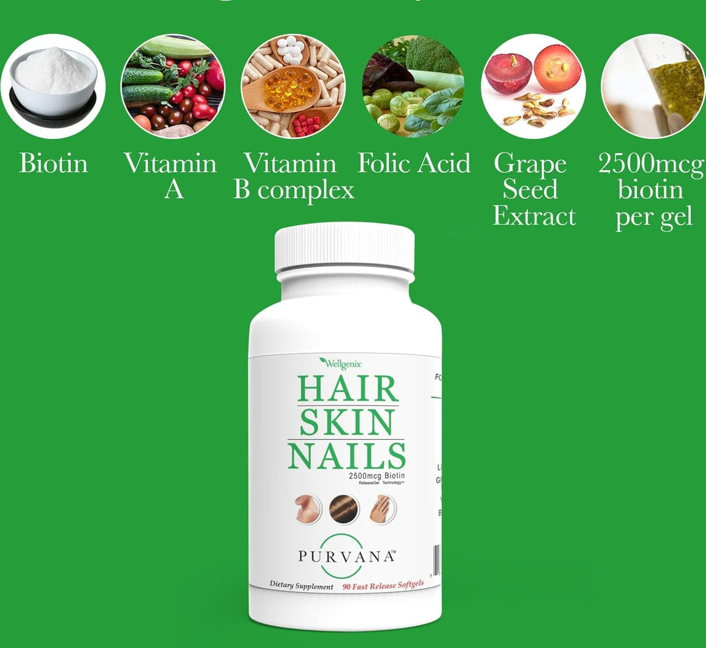Purvana Hair, Skin, and Nails Softgel Supplement - 2500mcg Biotin for Anti-Aging & Hair Growth - 90 Count