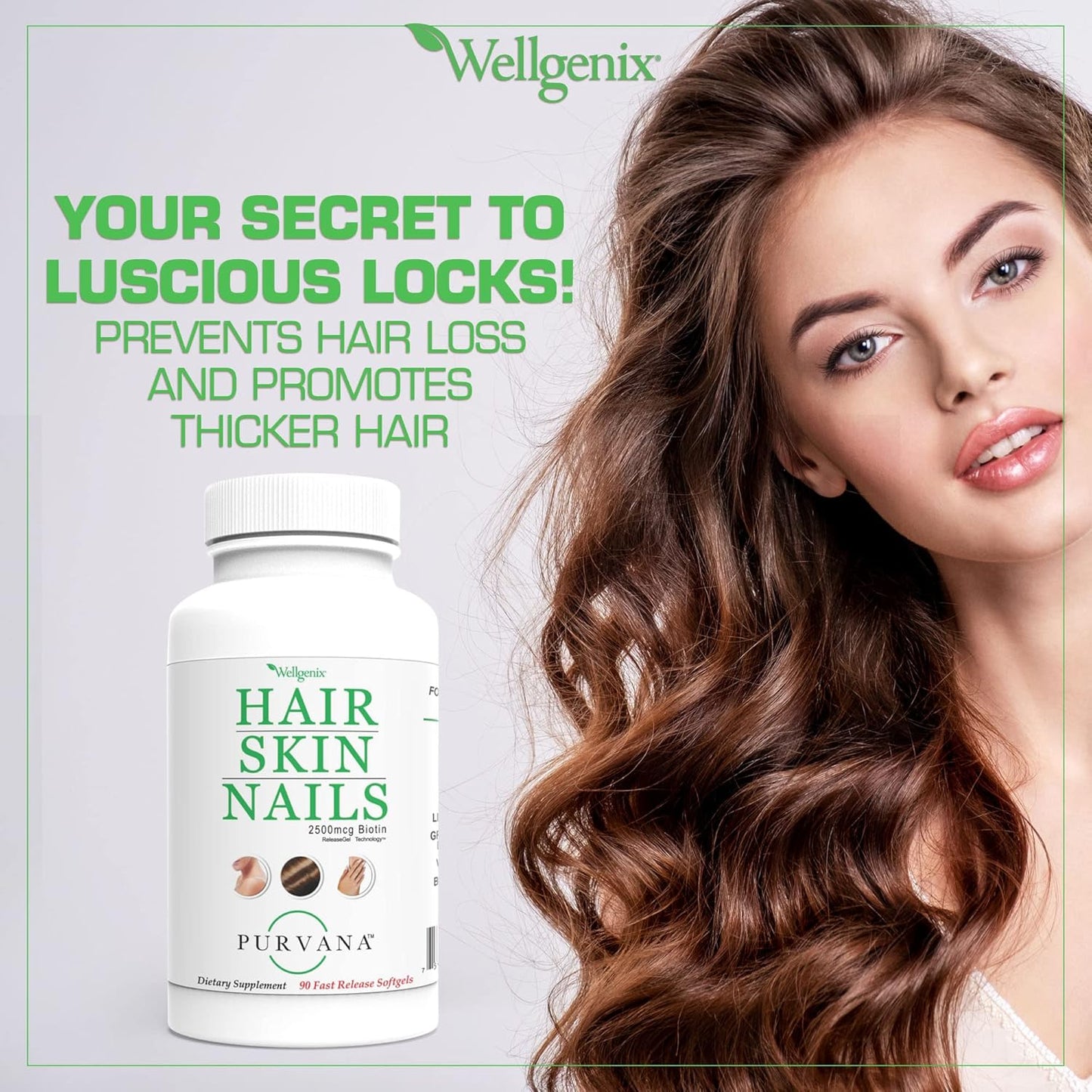 Purvana Hair, Skin, and Nails Softgel Supplement - 2500mcg Biotin for Anti-Aging & Hair Growth - 90 Count