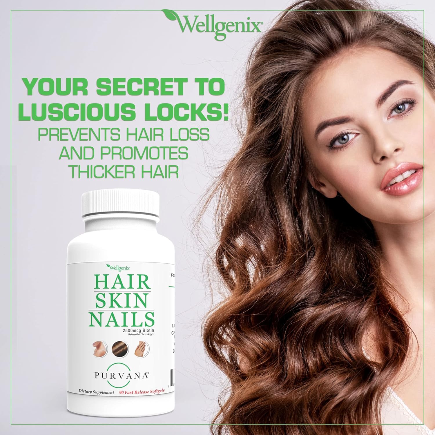 Purvana Hair, Skin, and Nails Softgel Supplement - 2500mcg Biotin for Anti-Aging & Hair Growth - 90 Count