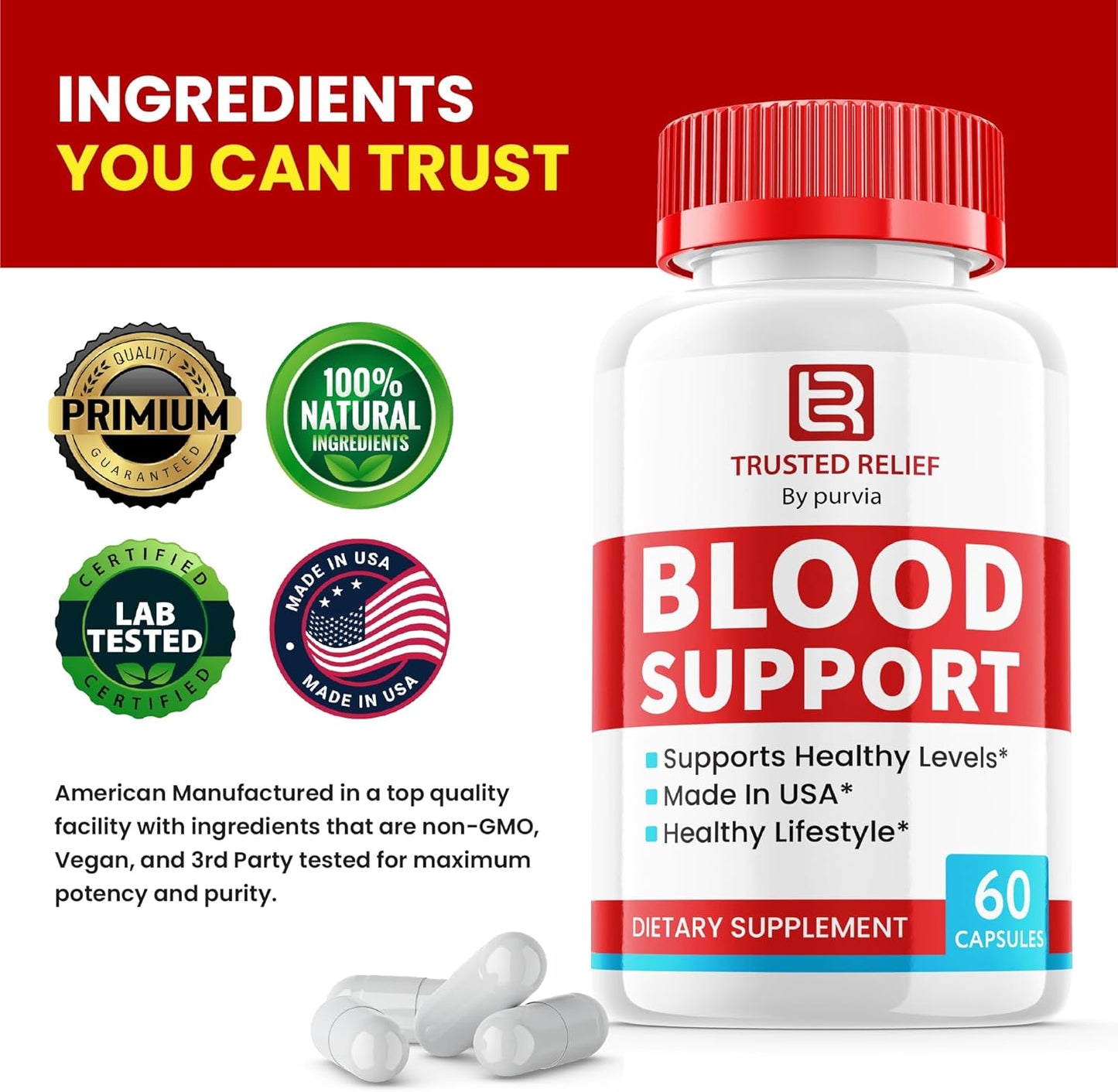 Purvia Trusted Relief Blood Support Capsules - Advanced Formula Vitamin Supplement (60 Capsules)