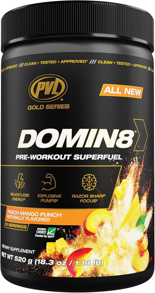 PVL Gold Series Domin8 Pre-Workout Superfuel - Peach Mango Punch - 520g
