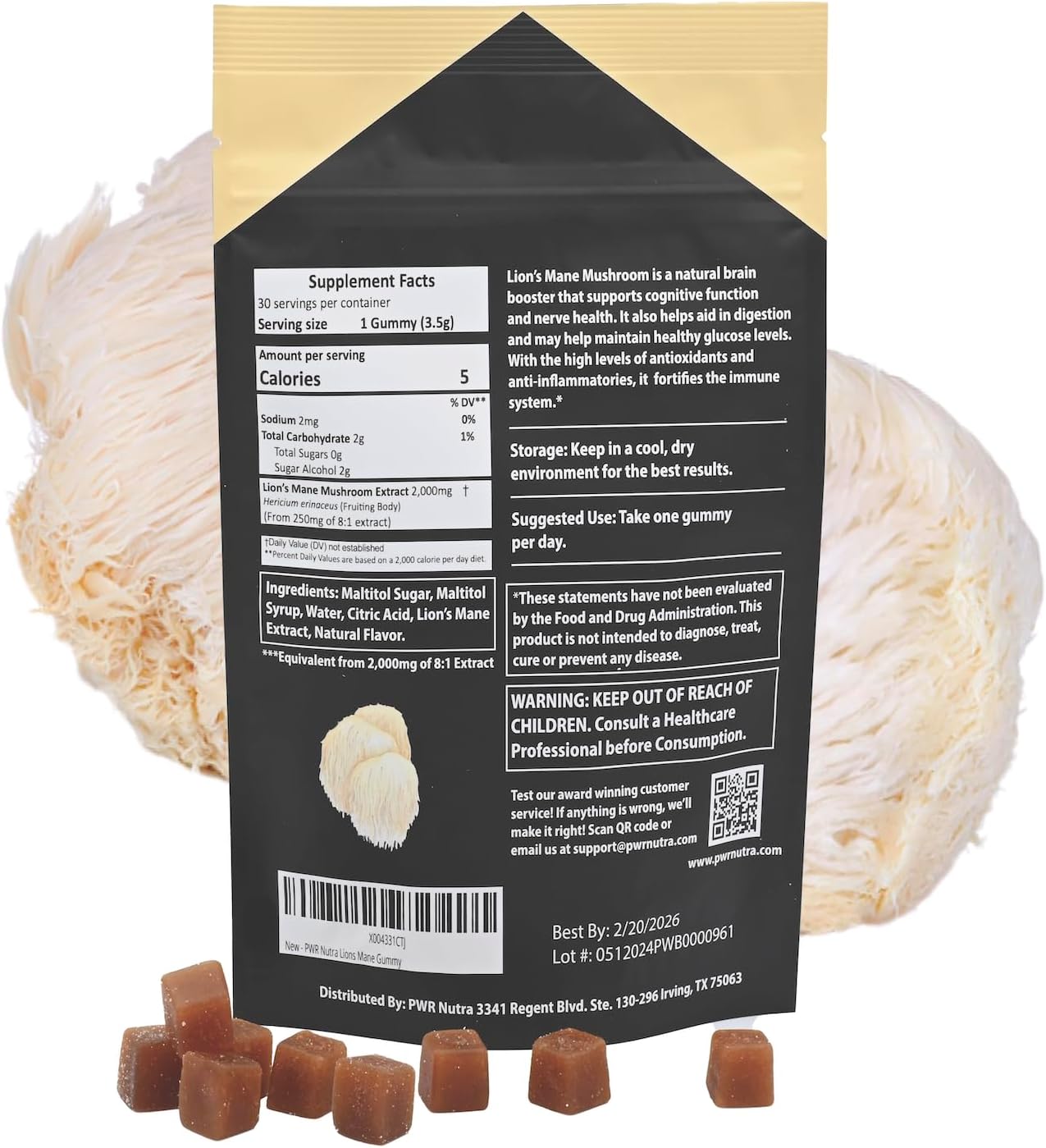 PWR Nutra Lion’s Mane Mushroom Gummies - Heart, Immunity, Brain Support - Vegan, Sugar-free, Gluten-free - 30 Servings