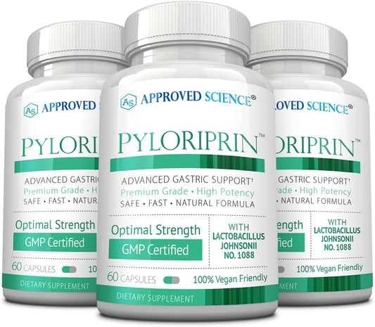 Pyloriprin Digestive Support Capsules - Advanced Stomach Health Formula with Zinc, Probiotic, Broccoli Sprout, Licorice - 180 Vegan Capsules - 3 Month Supply