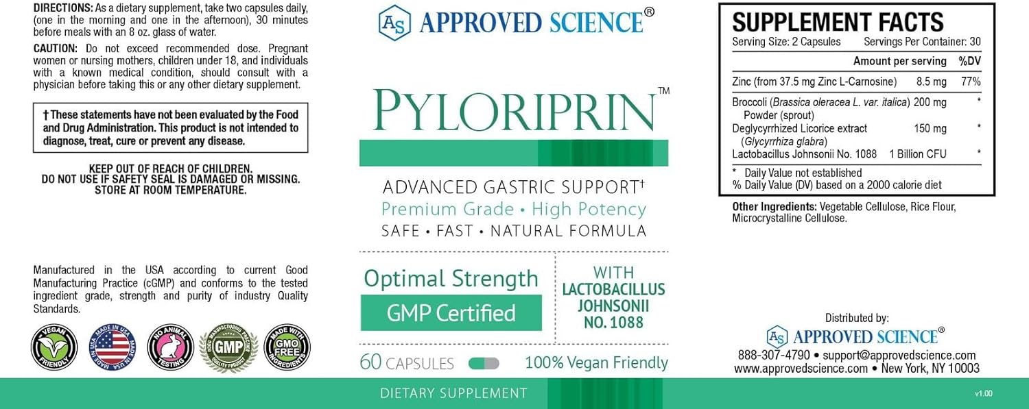 Pyloriprin Digestive Support Capsules - Advanced Stomach Health Formula with Zinc, Probiotic, Broccoli Sprout, Licorice - 180 Vegan Capsules - 3 Month Supply