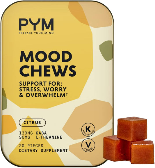 PYM Citrus Mood Chews: 20 Count Stress & Anxiety Support | 130mg GABA, 90mg L-Theanine | Vegan, Non-GMO, Gluten-Free | USA-Made Mood Balance Supplement